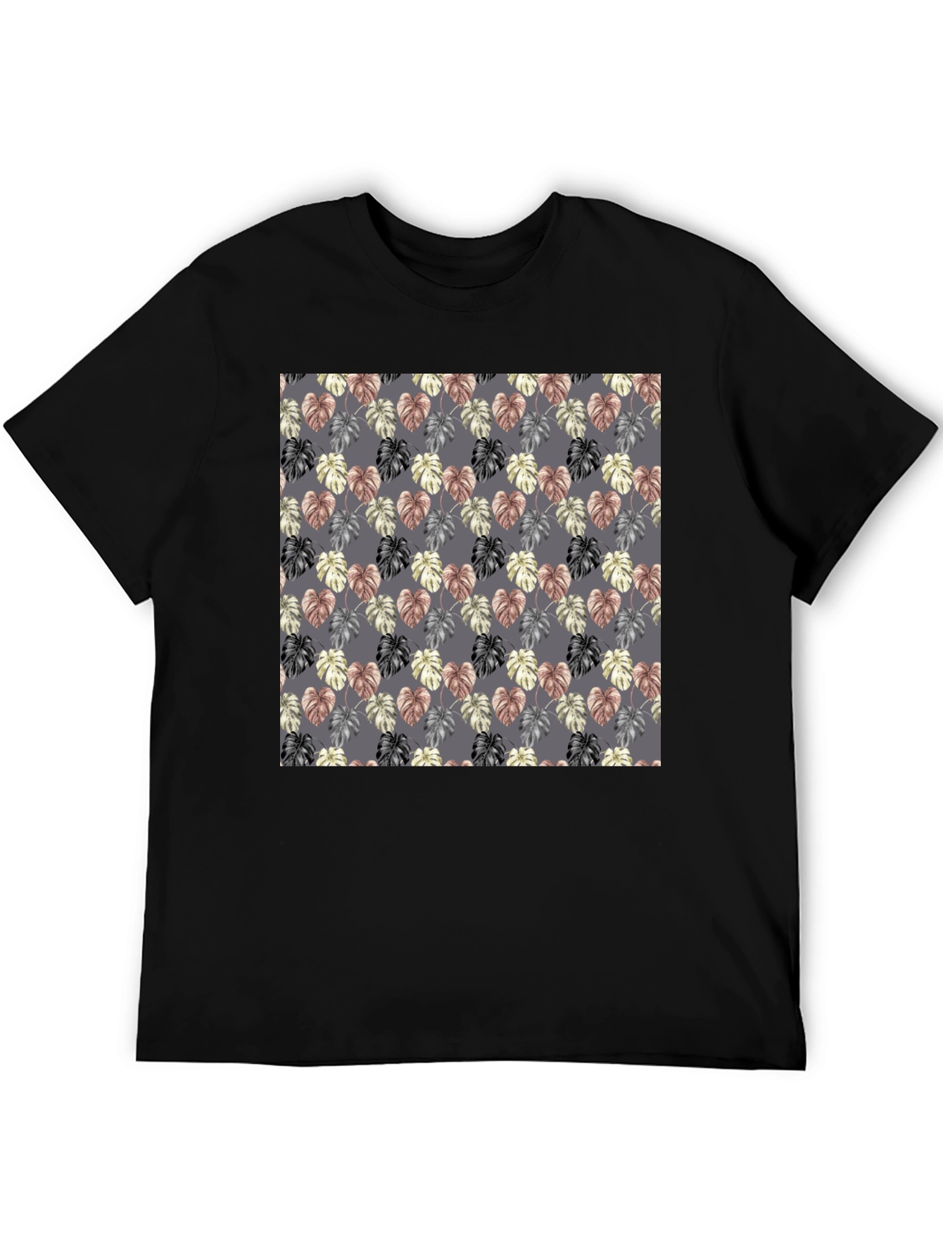 Black Monstera Leaf Pattern Black T-Shirt view 5