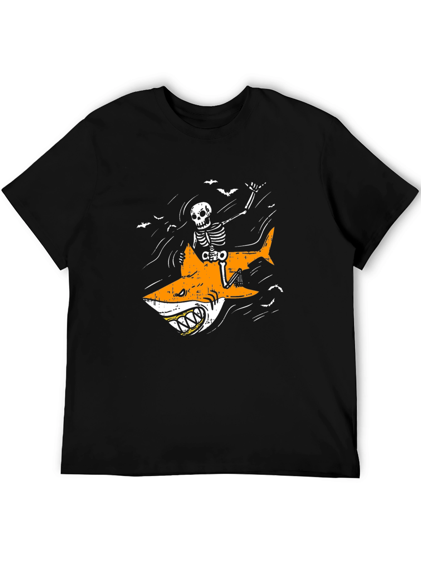 Black Skeleton Riding Shark Graphic Tee - Halloween Shirt view 5