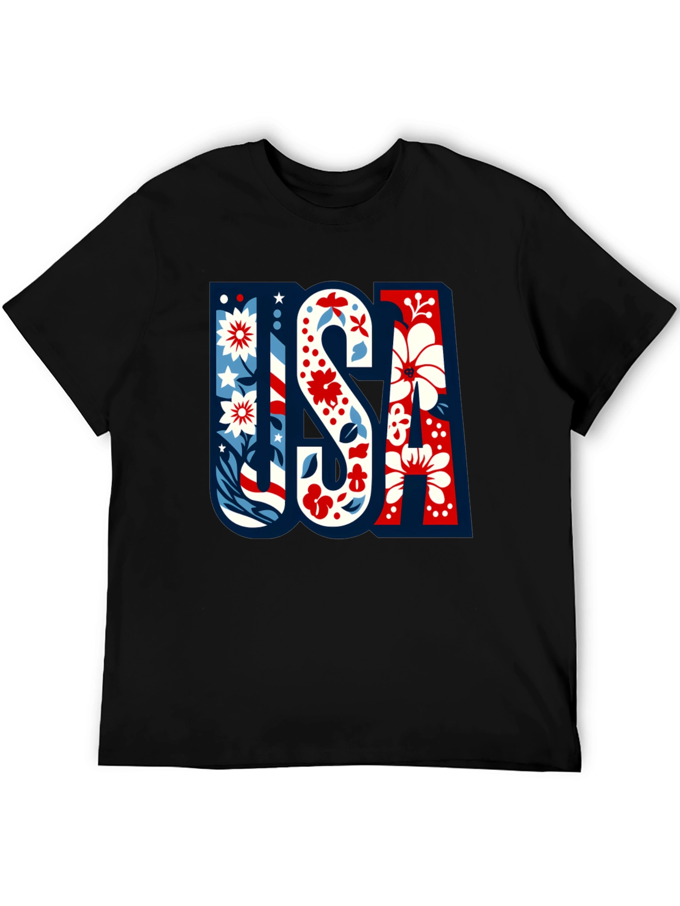 USA Floral Print Men's Black T-Shirt - 5
