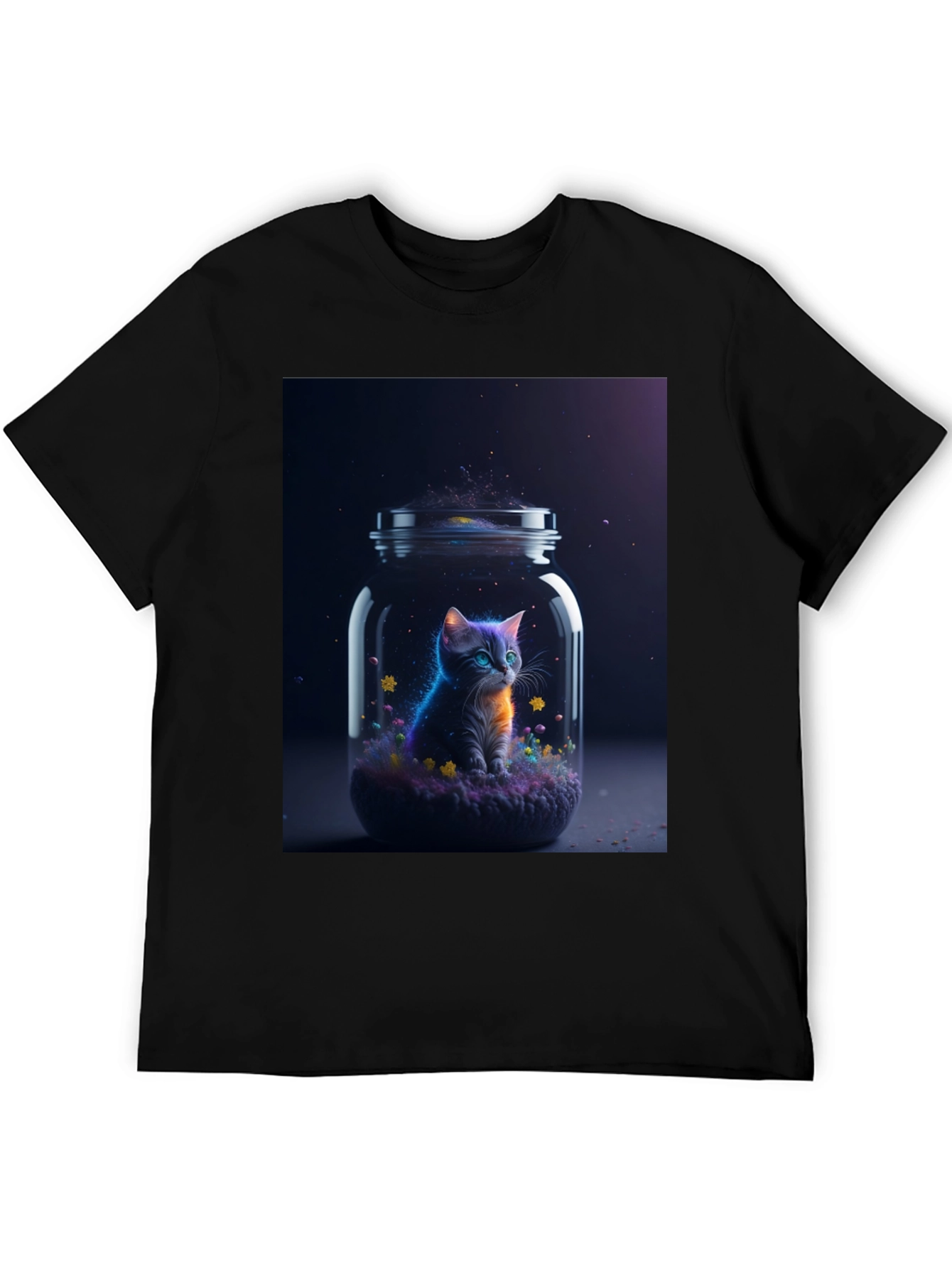 Black Cosmic Cat T-Shirt - Galaxy Kitten in a Jar view 5