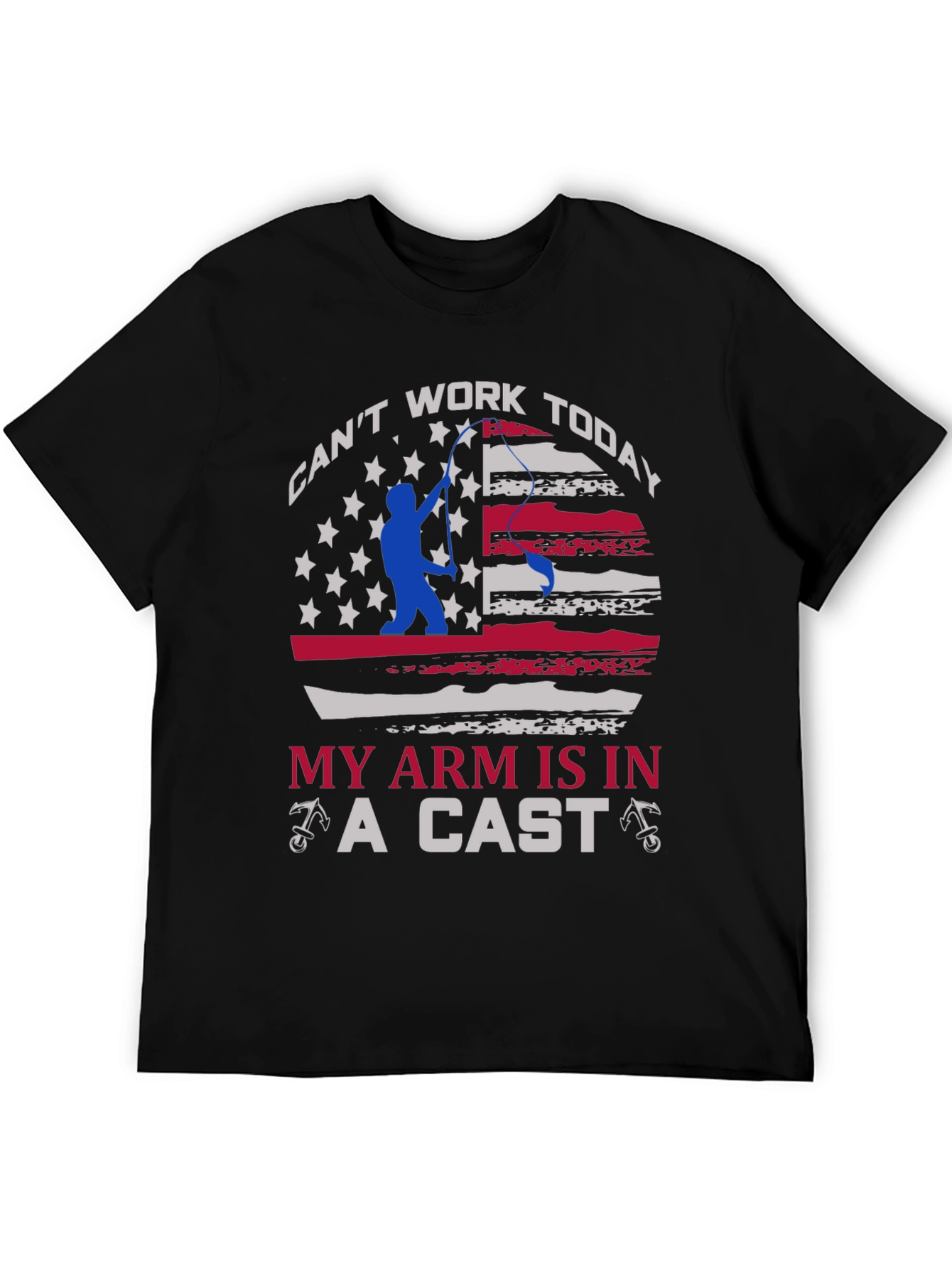 Black Funny Fishing T-Shirt - Can't Work Today - Arm in a Cast view 5