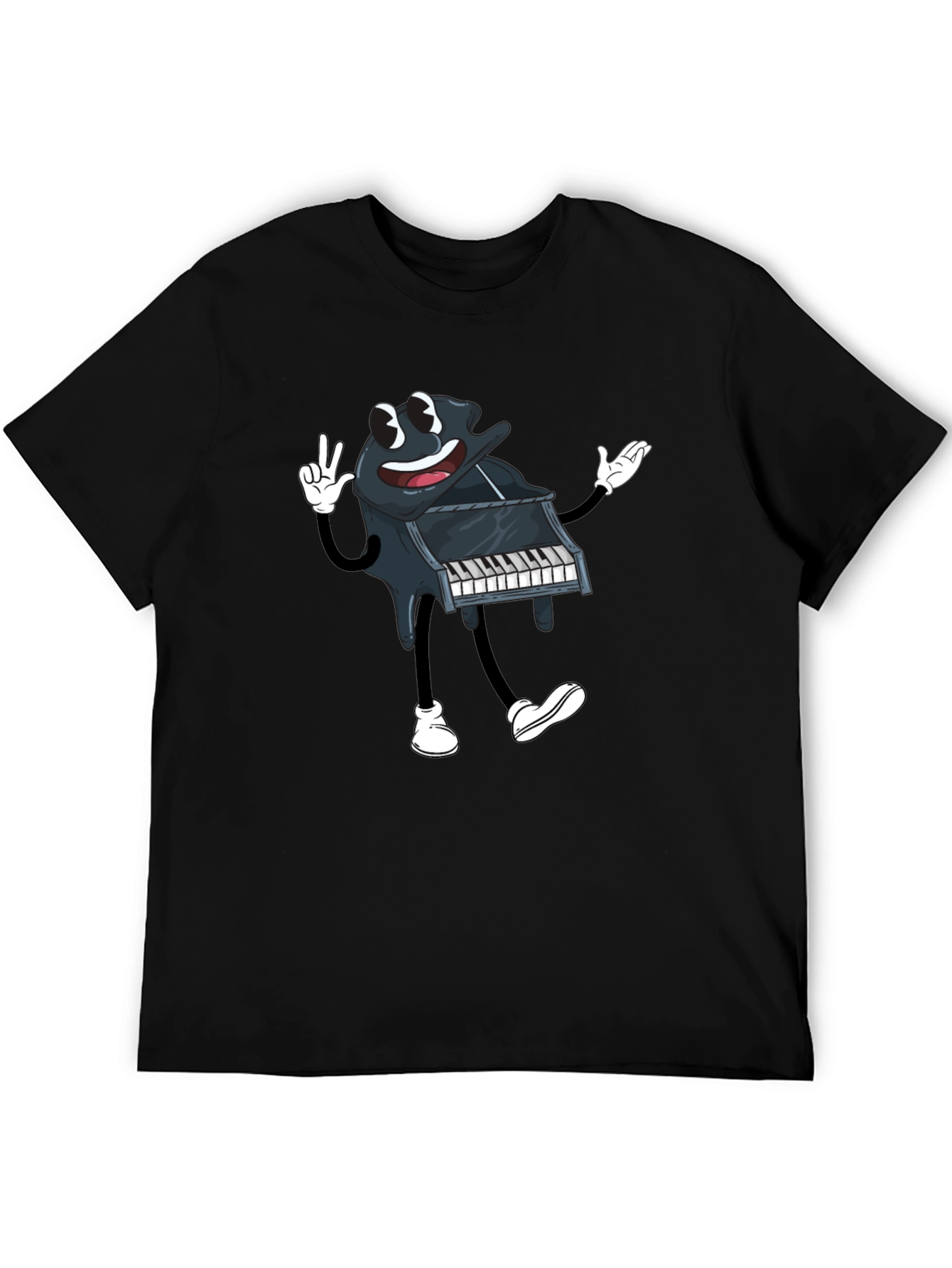Black Cartoon Piano Graphic Tee - Black Cotton T-Shirt view 5