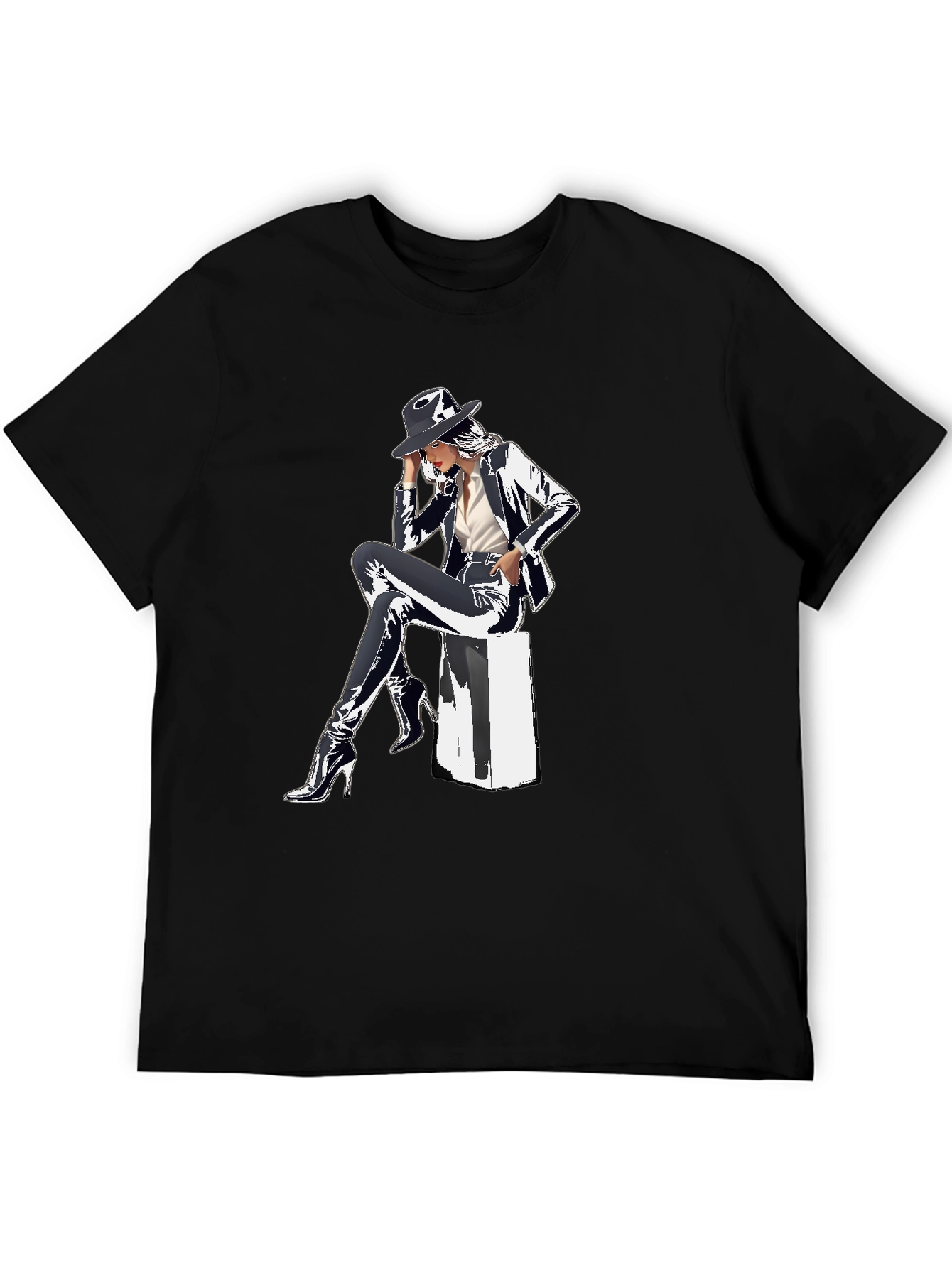 Black Sleek Graphic Tee - Woman in Shiny Suit view 5