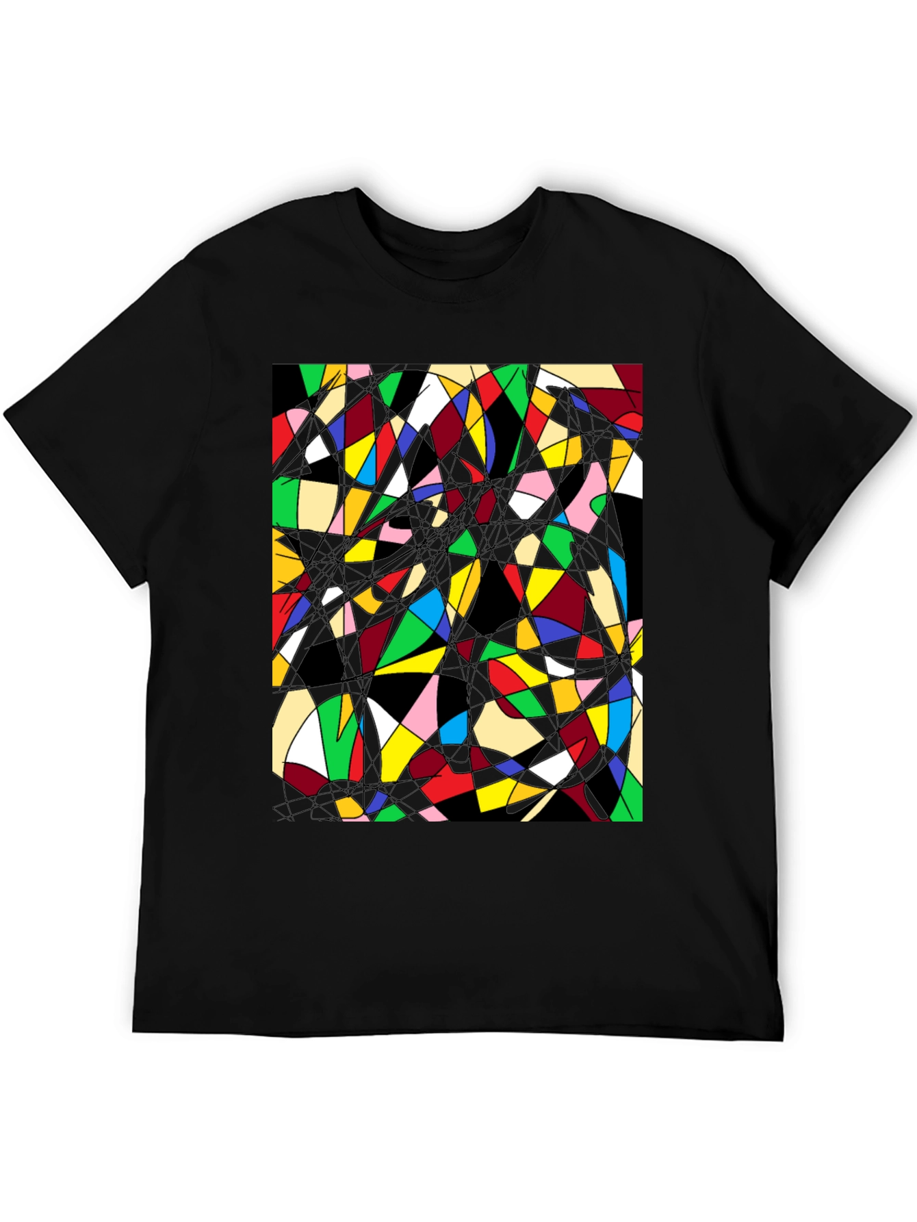 Black Abstract Geometric T-Shirt: Colorful Stained Glass Design view 5
