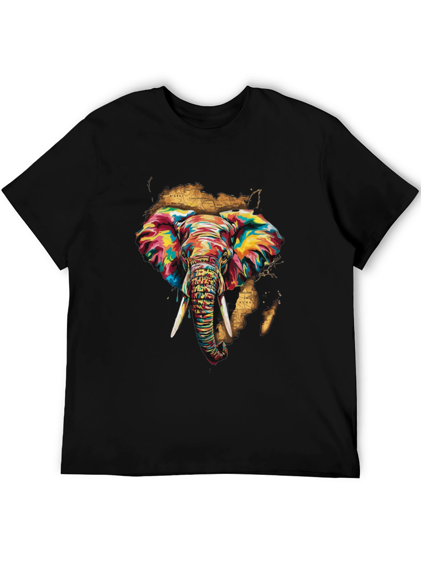 Black Vibrant Elephant Print Men's Black T-Shirt view 5