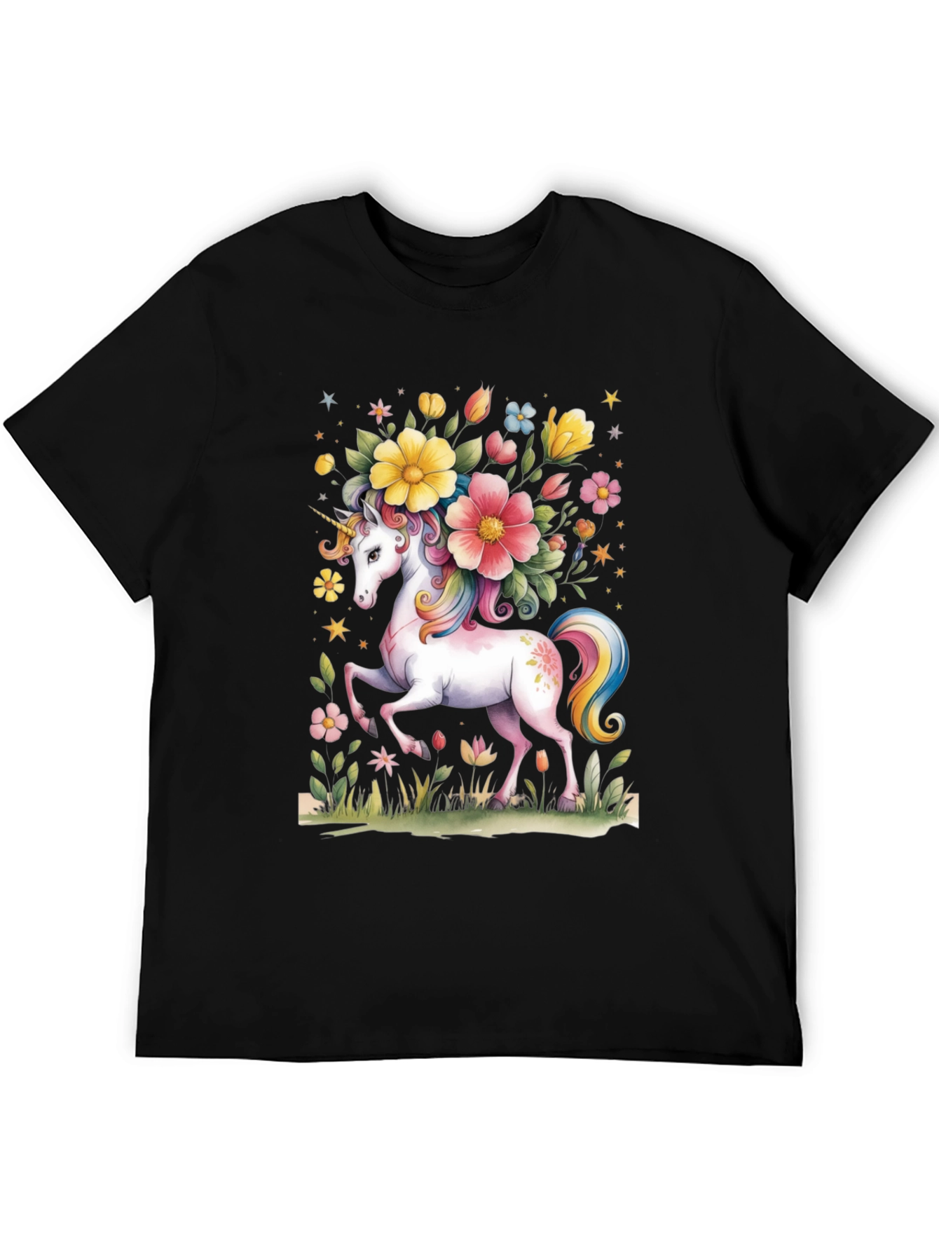 Black Unicorn Floral Graphic Tee - Black Cotton T-Shirt view 5