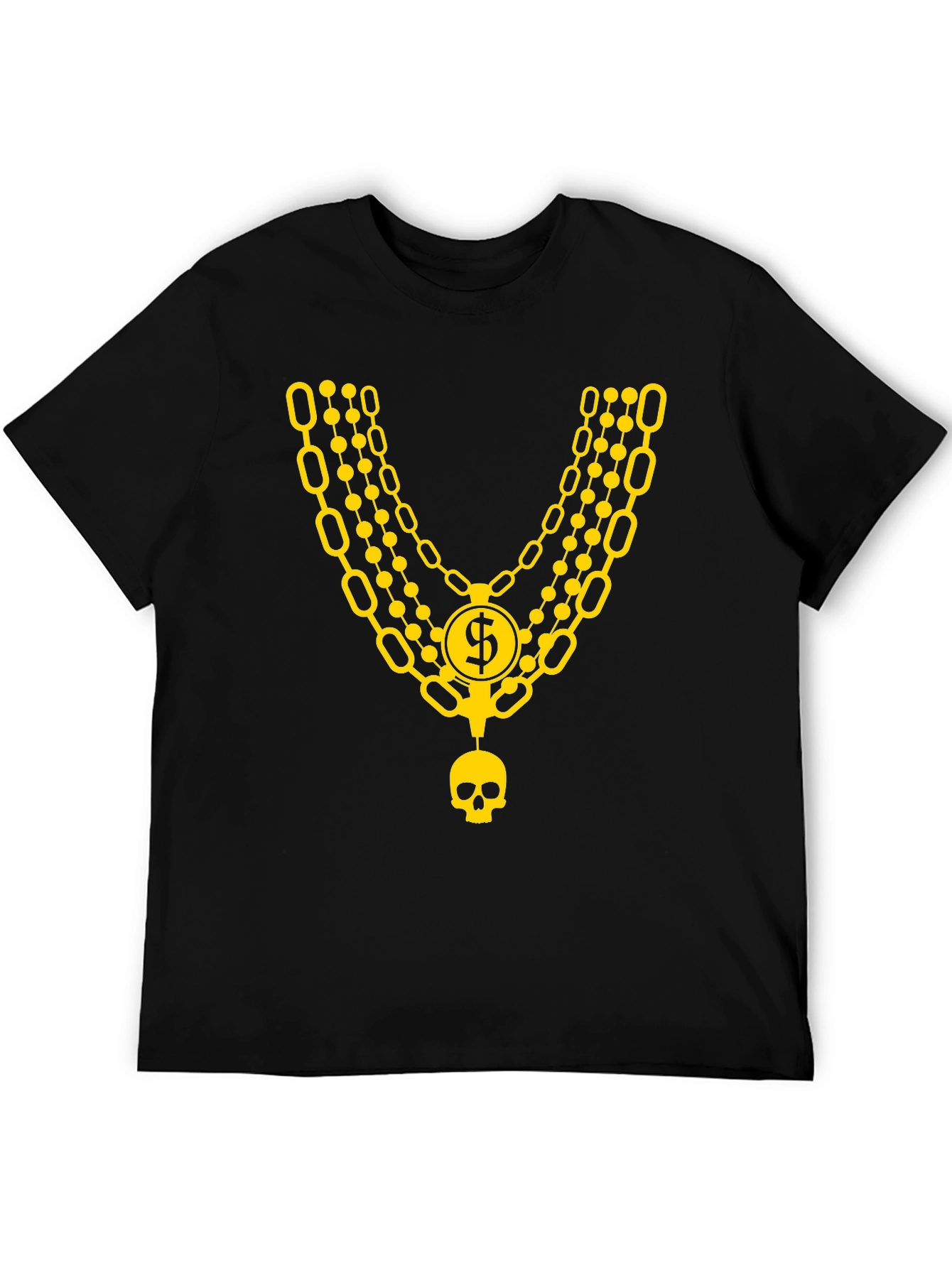 Black Men's Black T-Shirt with Gold Chain and Skull Design view 5