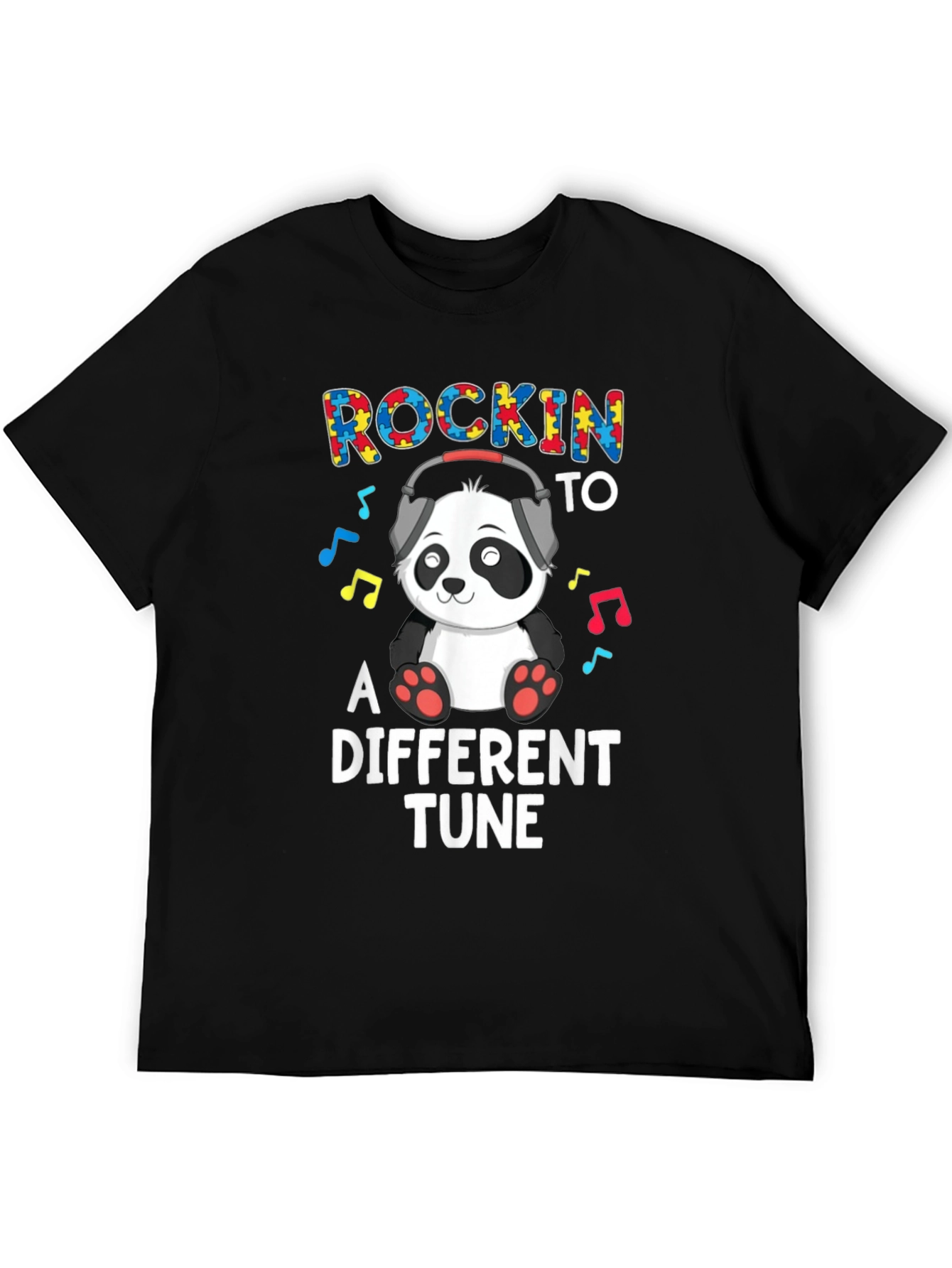 Black Rockin' to a Different Tune Autism Panda T-Shirt view 5