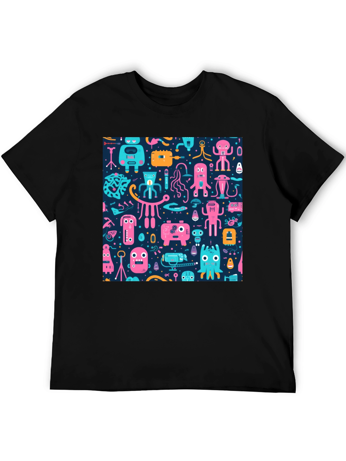 Black Funky Retro Robot Pattern T-Shirt view 5