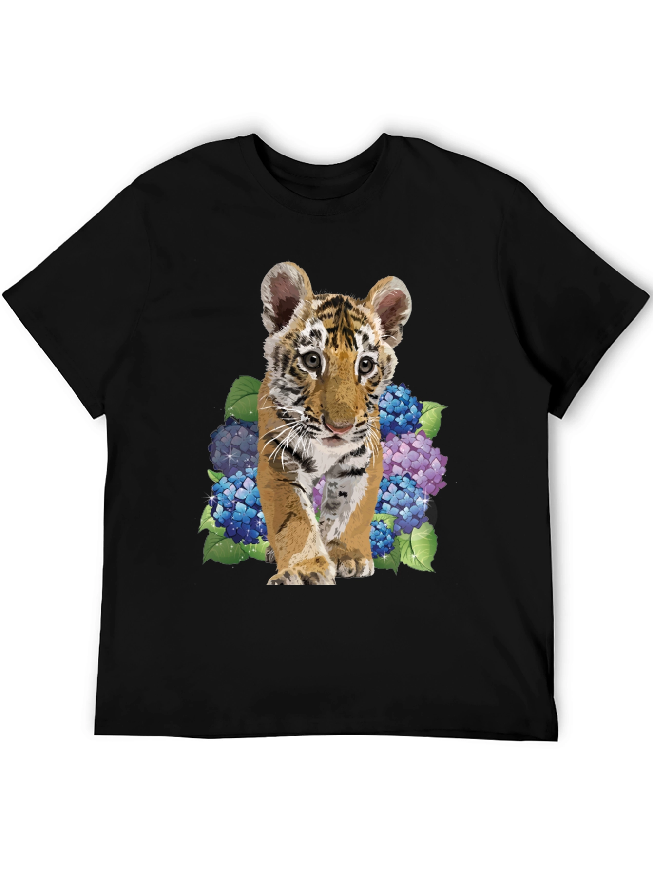 Black Tiger Cub & Hydrangea Graphic Tee - Soft Black Cotton Blend view 5