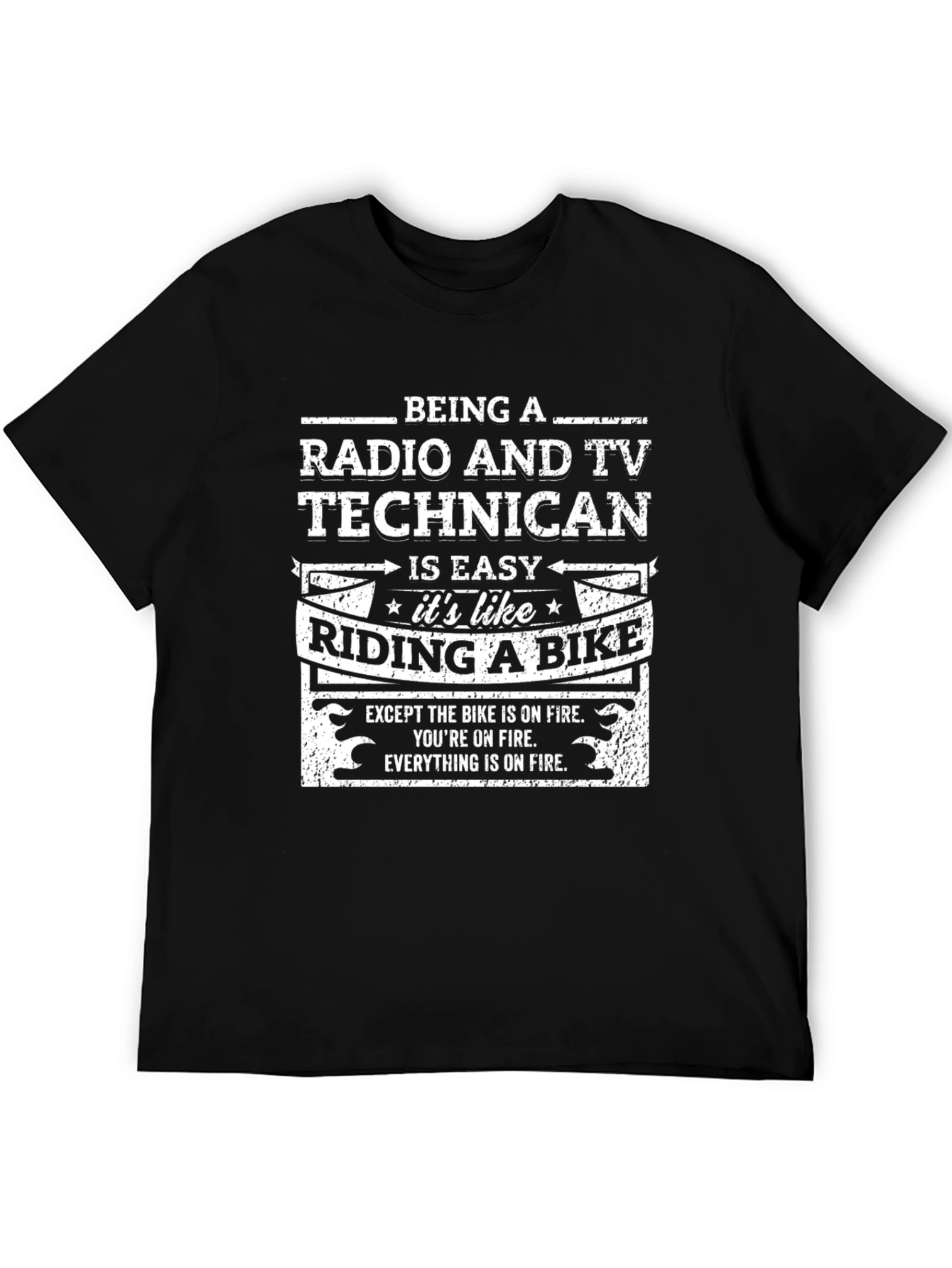 Black Radio & TV Technician Humor T-Shirt: Riding a Bike on Fire view 5