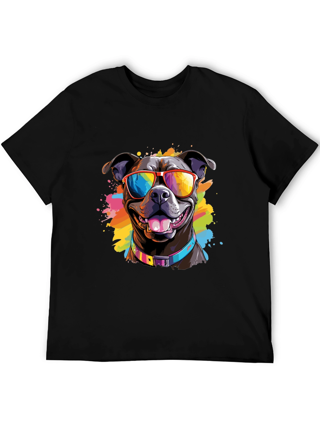 Black Cool Dog T-Shirt - Colorful Pitbull Sunglasses Tee view 5