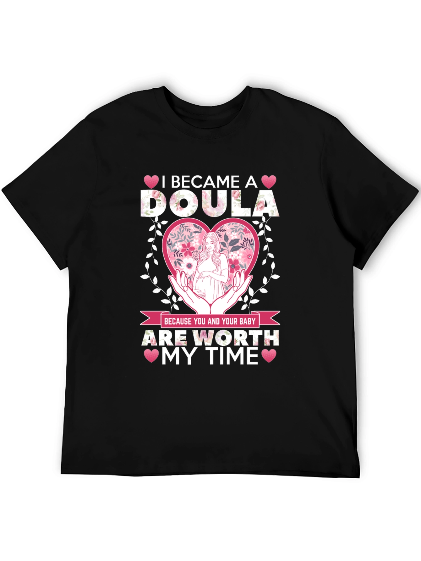 Black Doula T-Shirt - Floral Heart Design view 5