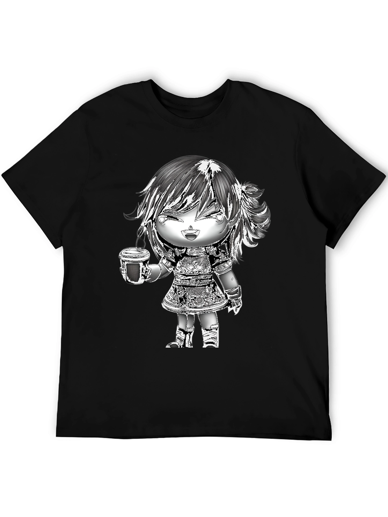 Black Anime Girl Coffee T-Shirt - Black Cotton Tee view 5