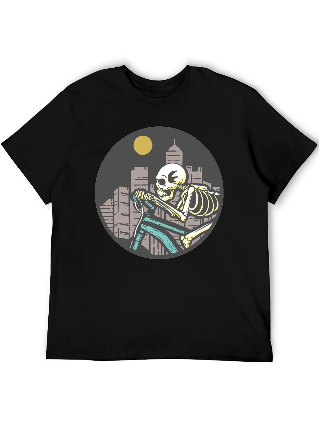 Black Skeleton Riding Bike T-Shirt - Cityscape Design view 5
