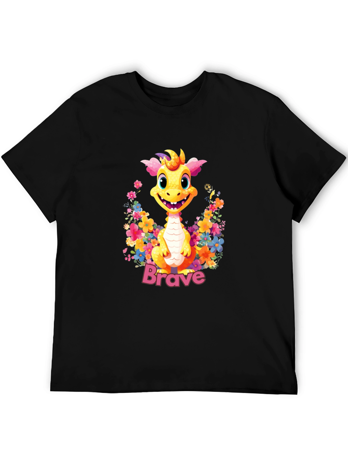 Black Brave Dragon Graphic Tee - Cute Floral Design view 5