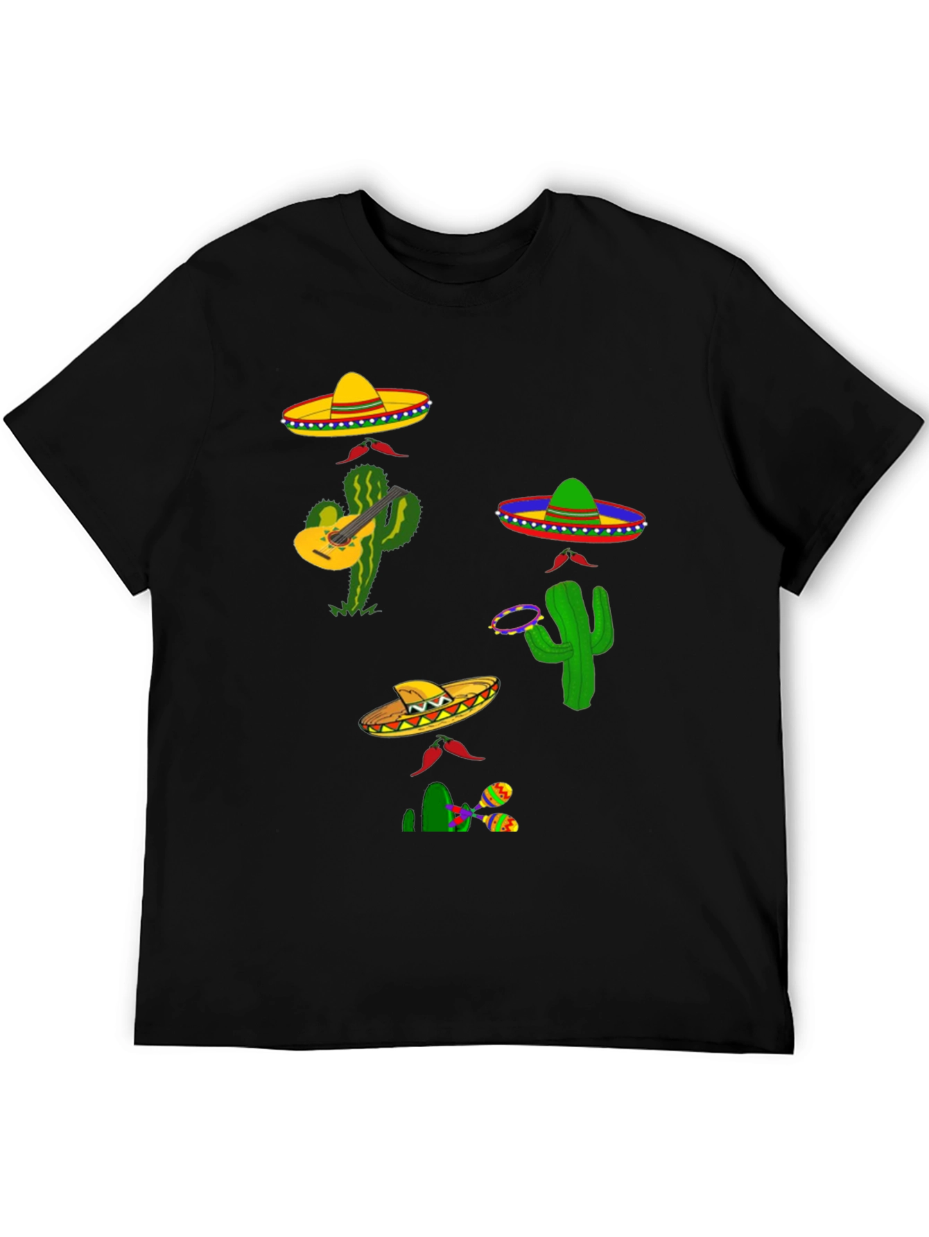 Black Festive Fiesta T-Shirt: Sombreros, Cacti, and Musical Fun view 5