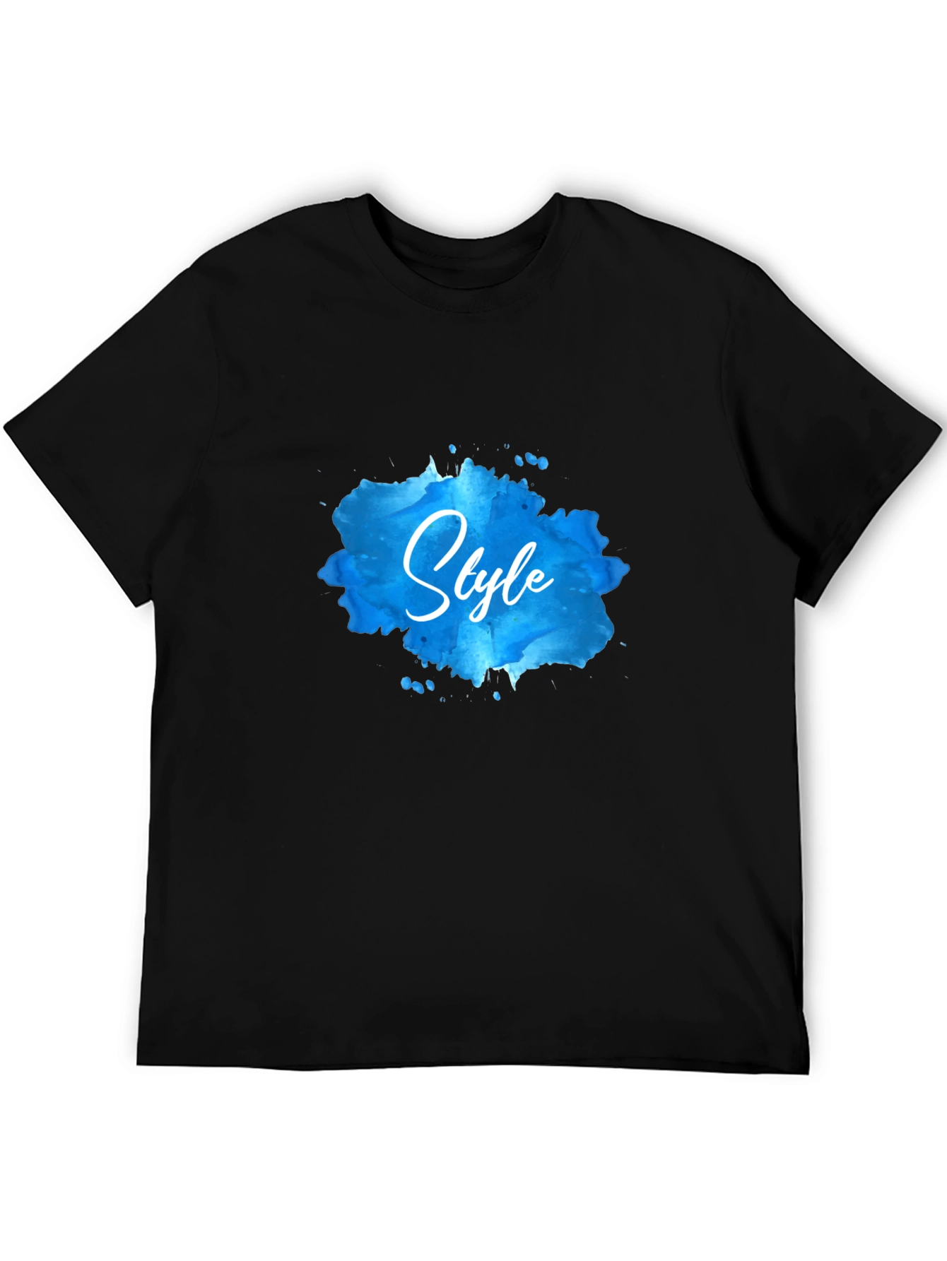 Stylish Black T-Shirt with Blue Watercolor Style Print - 5