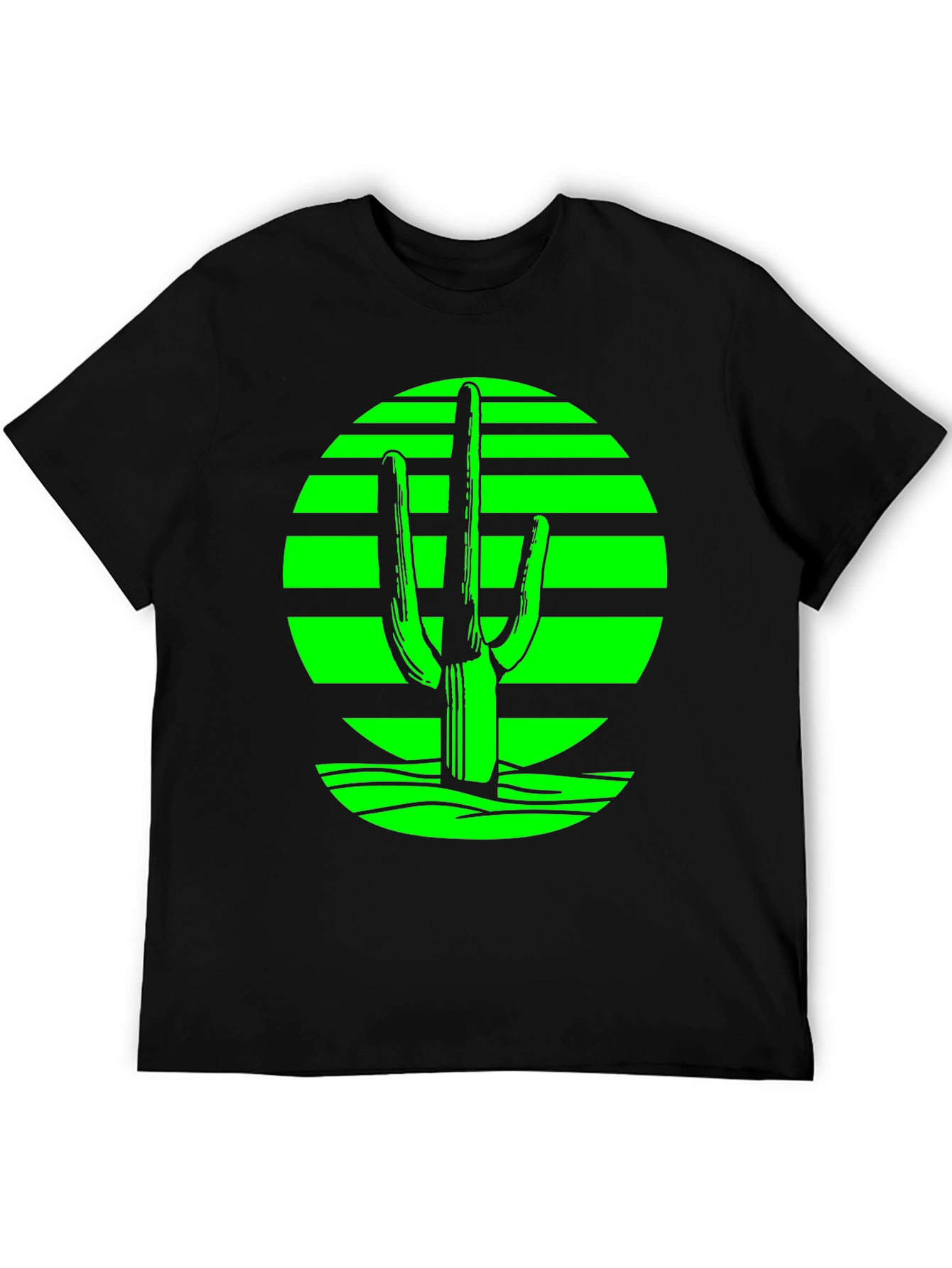 Black Retro Desert Cactus T-Shirt - Green on Black view 5