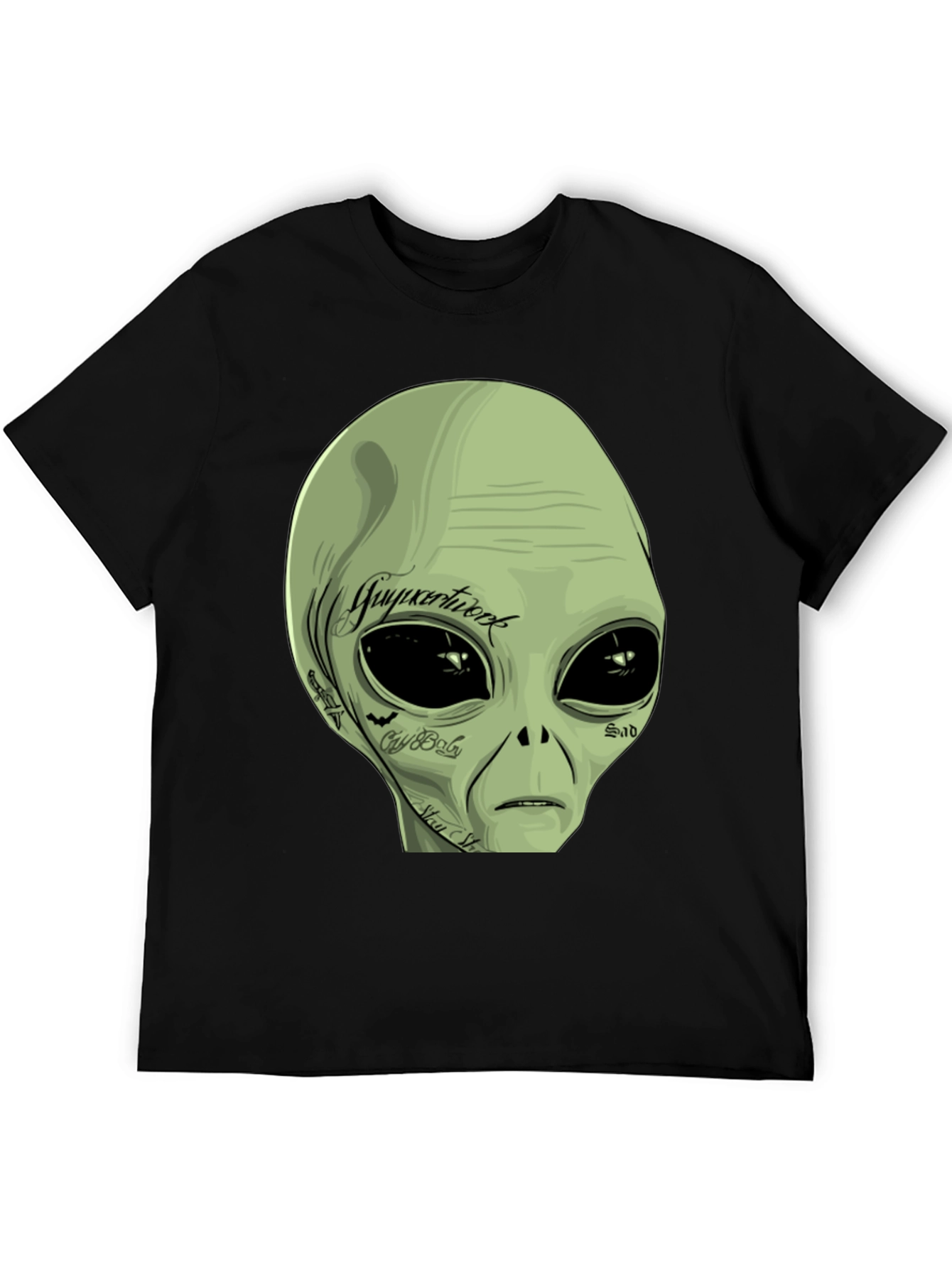 Black Tattooed Alien Graphic Tee - Black Cotton Casual T-Shirt view 5