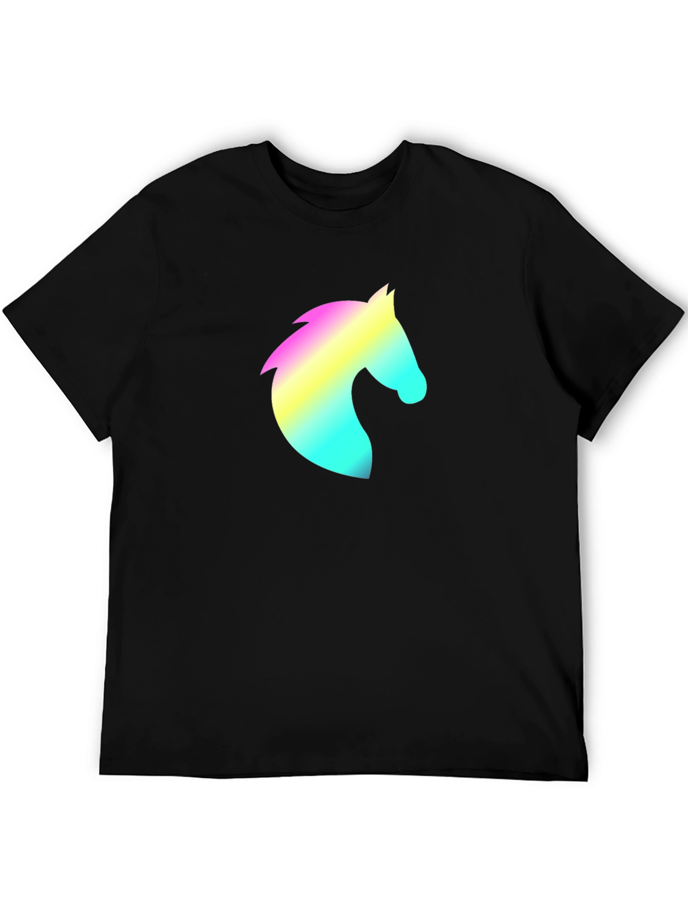 Black Men's Black T-Shirt with Rainbow Horse Head Design view 5