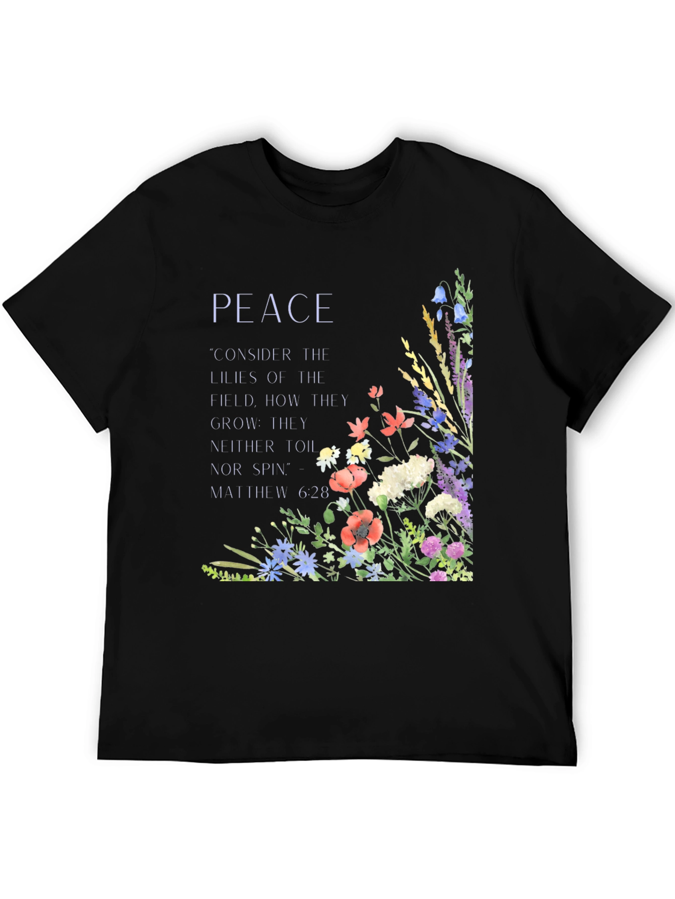Black Peace Floral T-Shirt - Matthew 6:28 Scripture Tee view 5