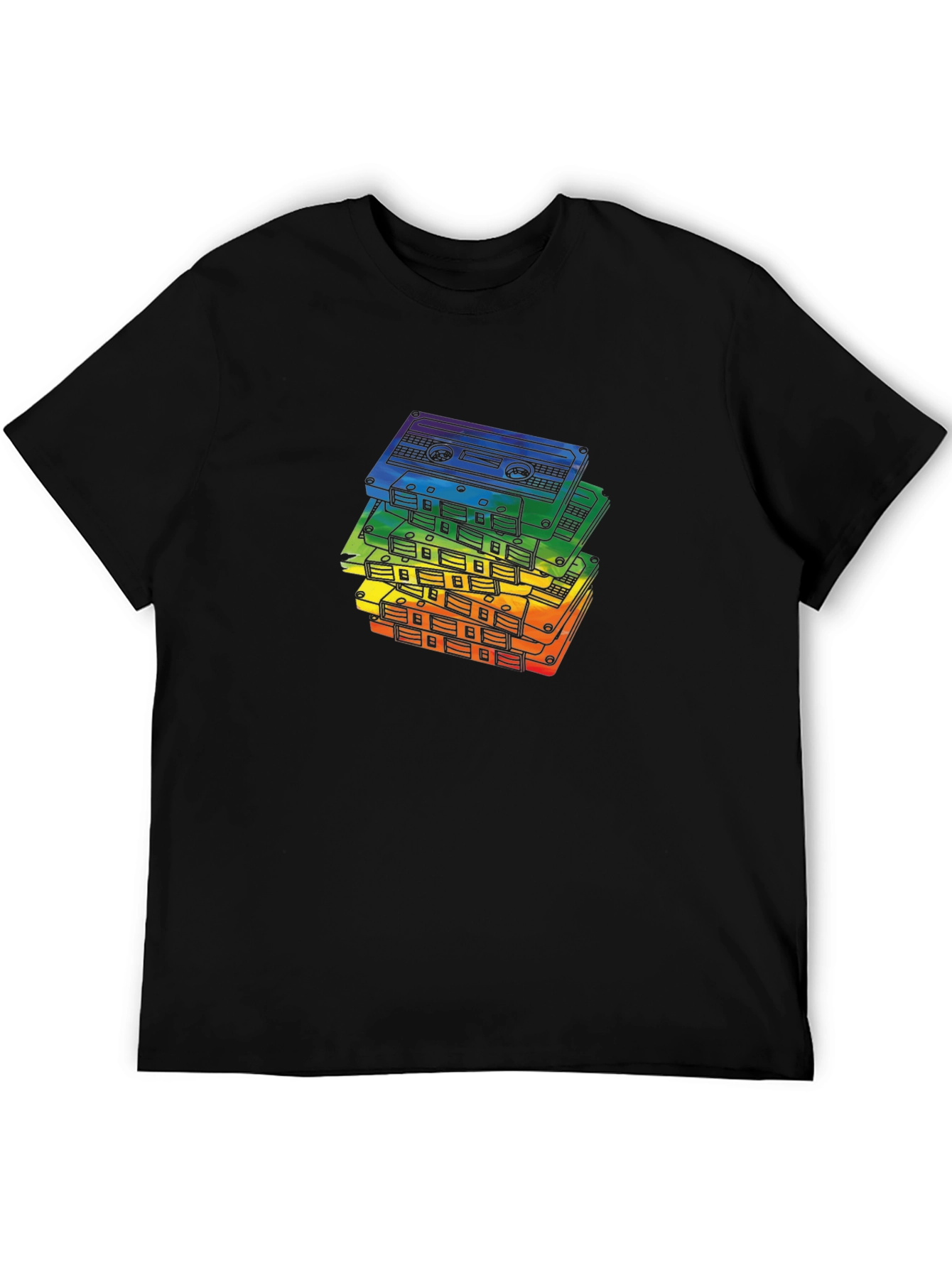 Black Retro Rainbow Cassette Tapes Black T-Shirt view 5