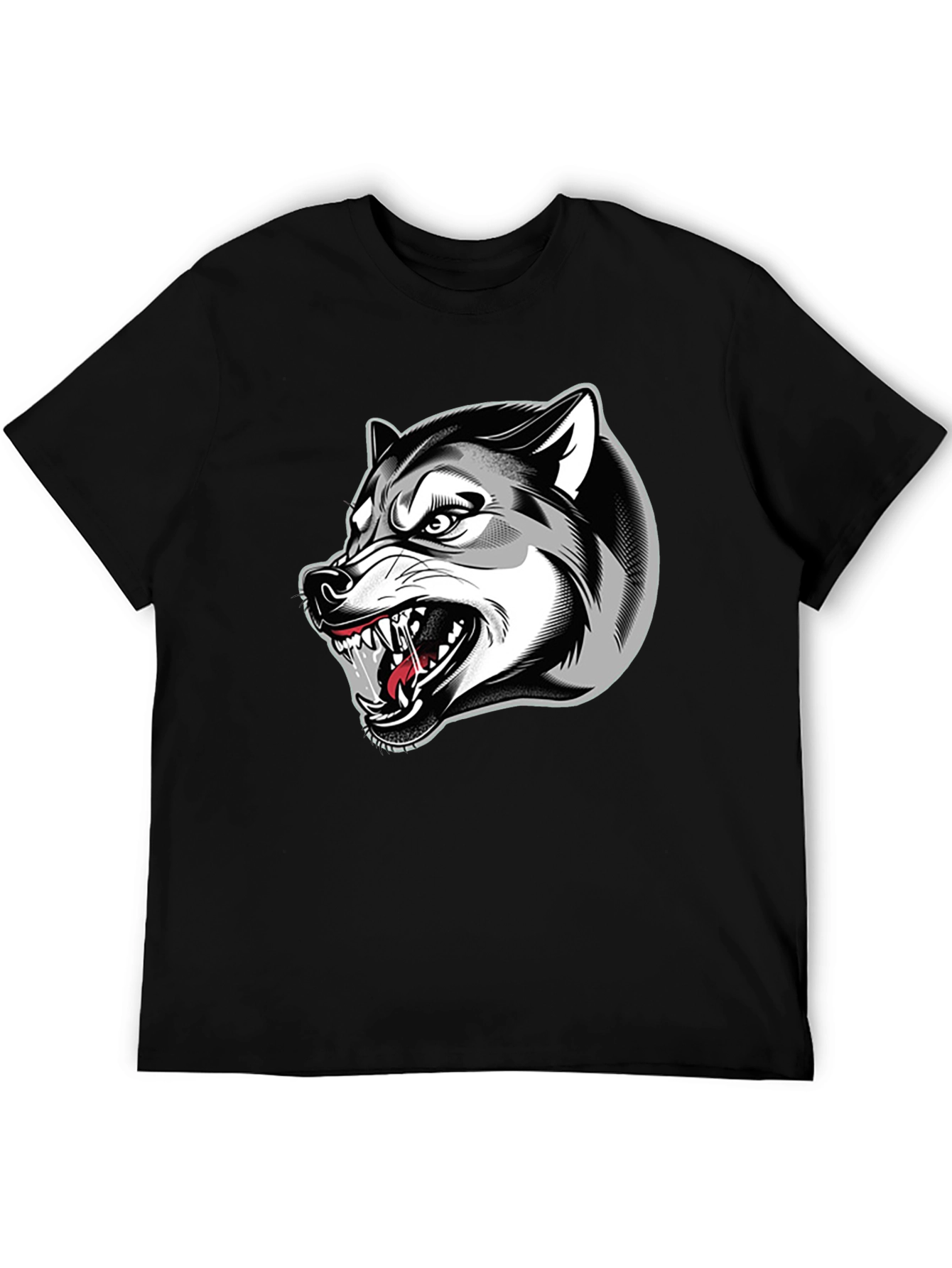 Black Men's Black Graphic T-Shirt - Fierce Wolf Design view 5