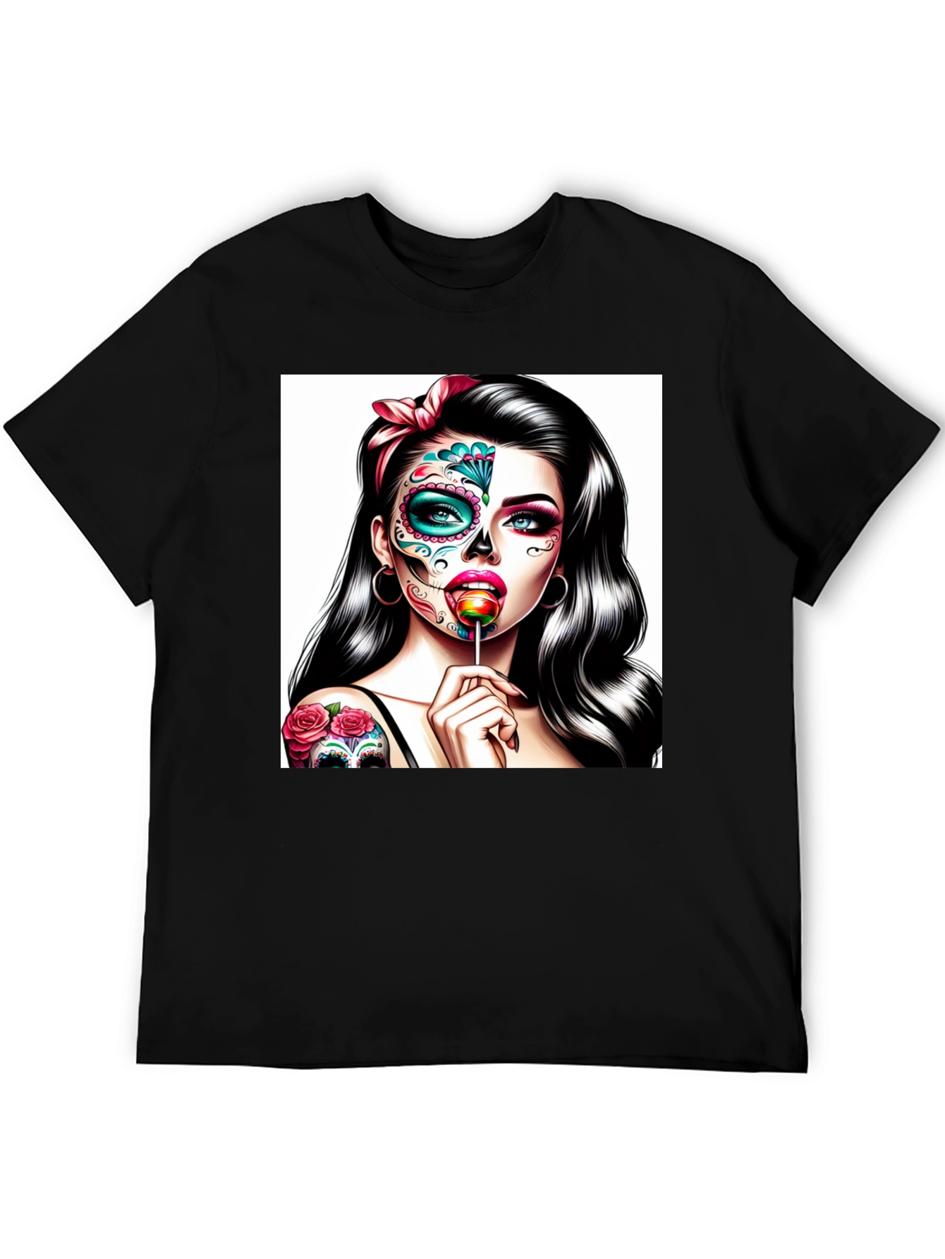 Black Sugar Skull Girl T-Shirt - Dia de los Muertos Art view 5