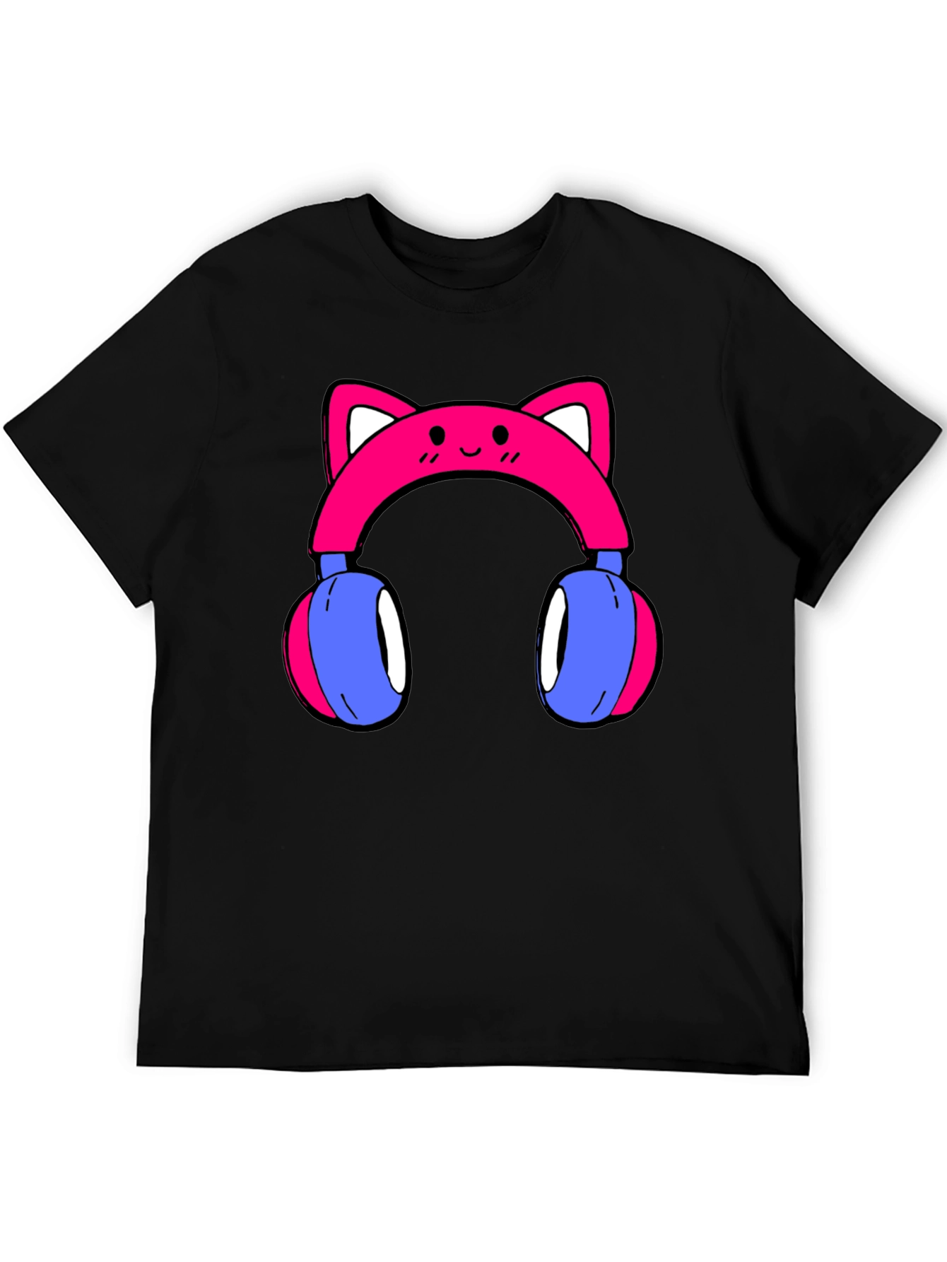 Black Cute Cat Ear Headphones Graphic Tee - Black view 5