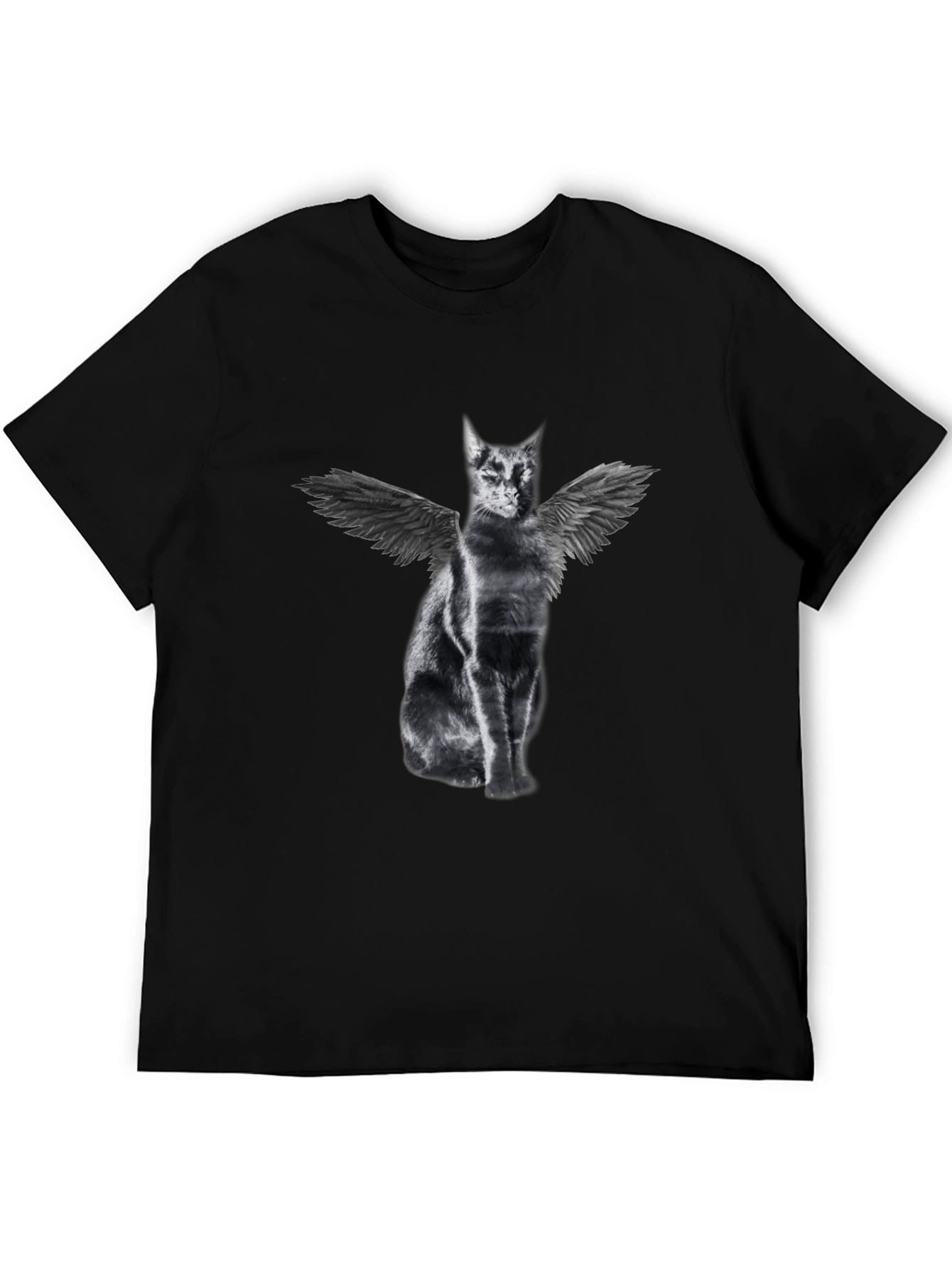 Black Winged Cat Graphic Tee - Black Cotton T-Shirt view 5