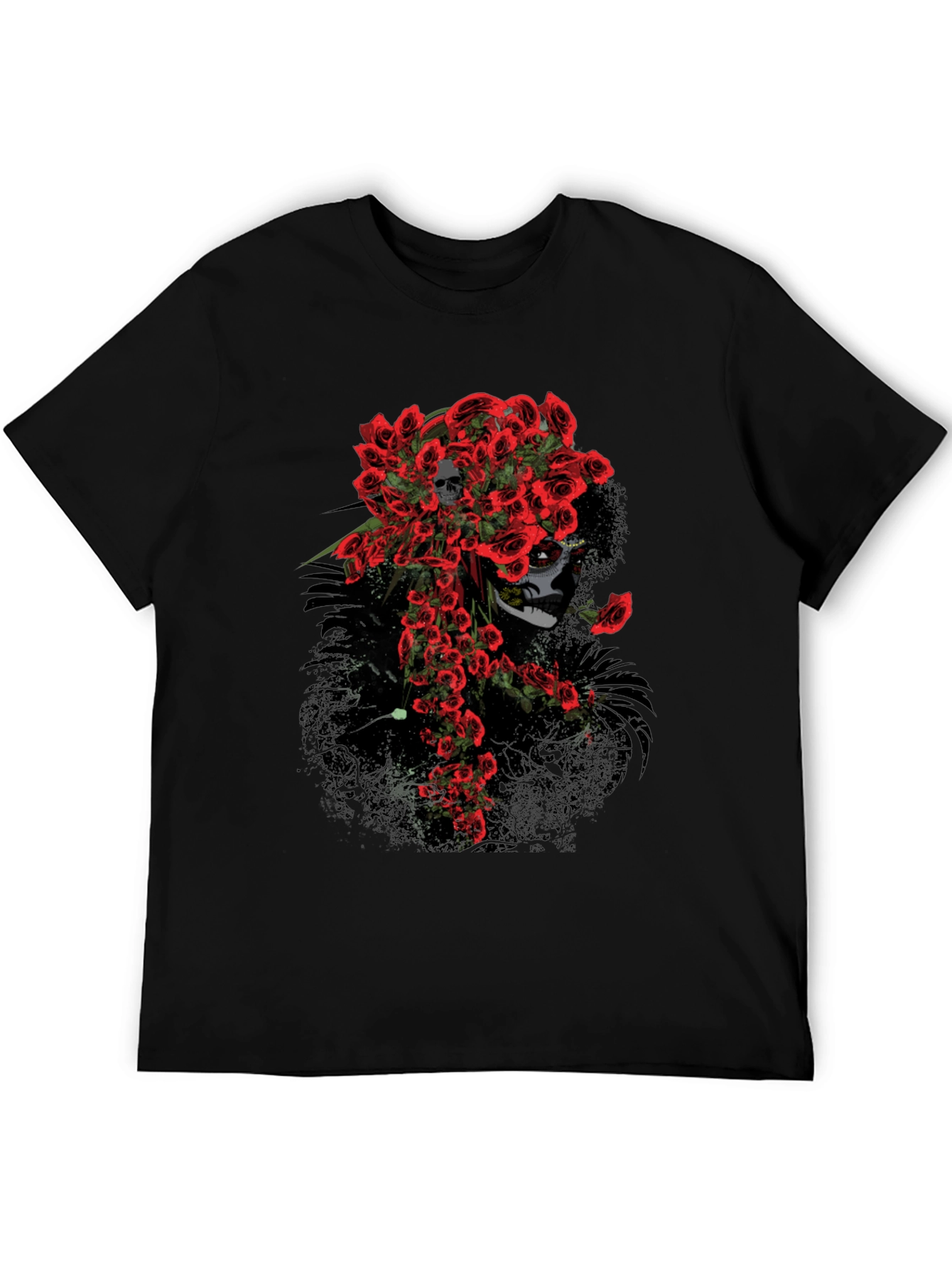 Black Skull and Roses Graphic Tee - Black Cotton T-Shirt view 5