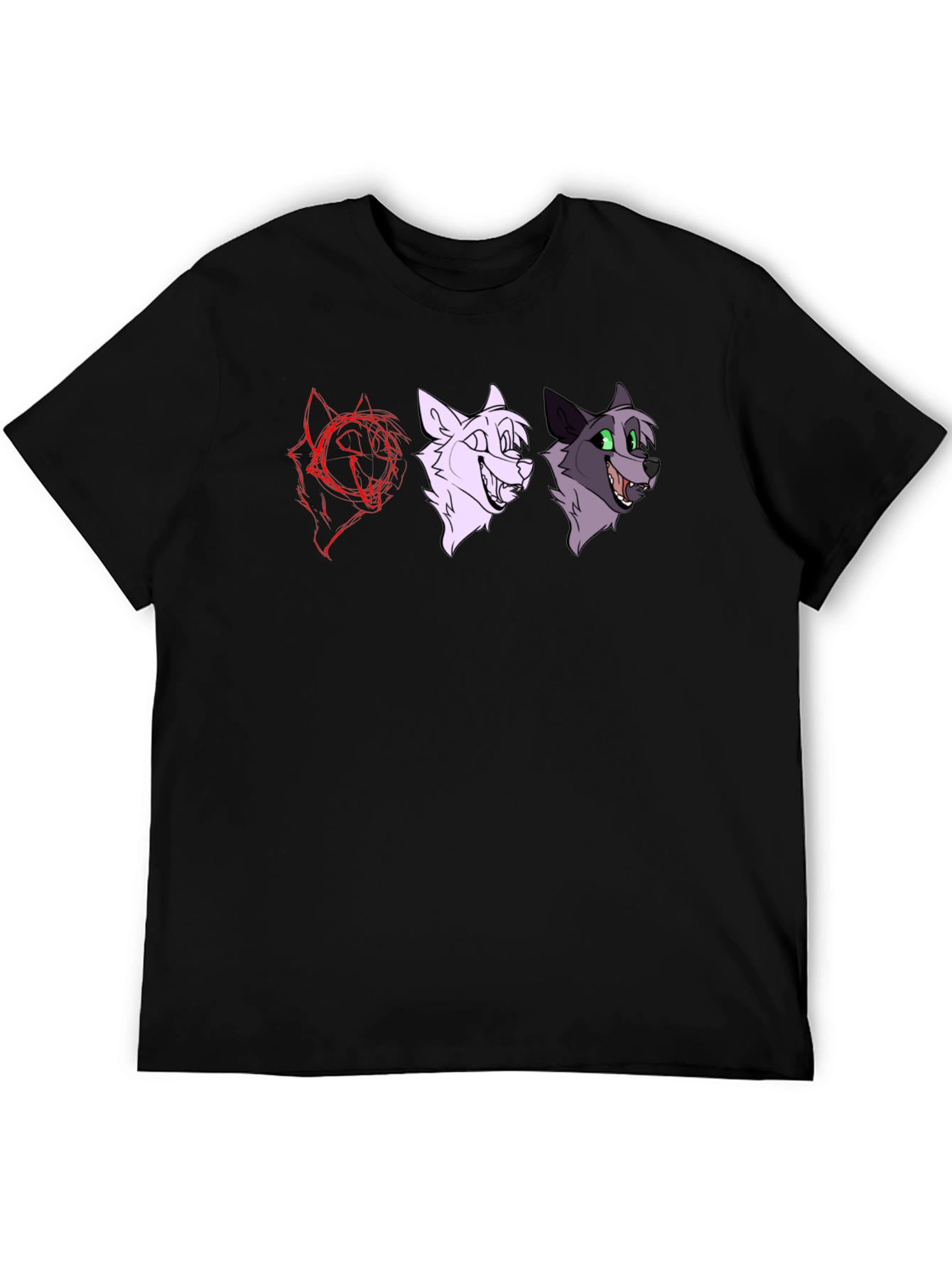 Black Cartoon Wolf Faces Black T-Shirt view 5