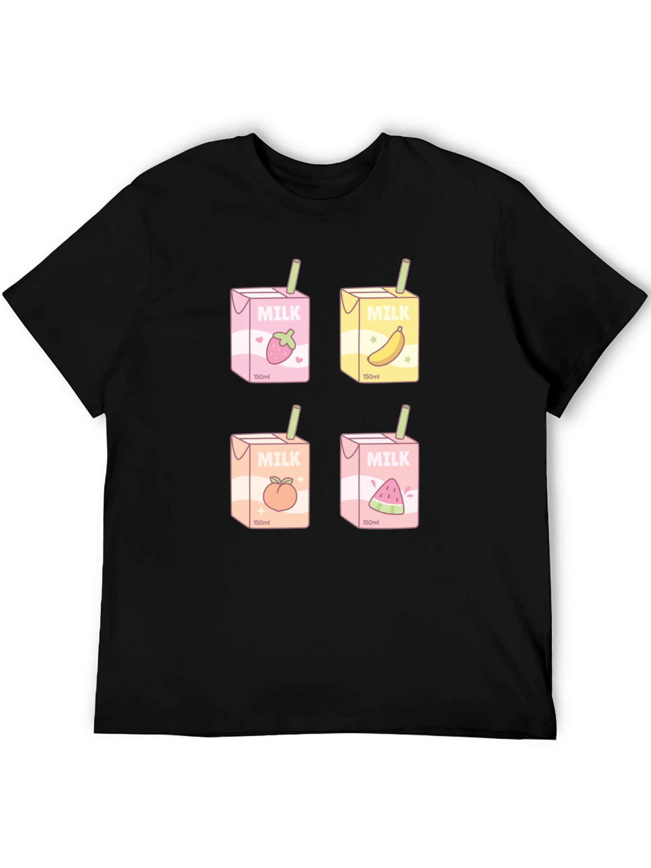 Black Kawaii Milk Boxes T-Shirt - Fruit Milk Design view 5