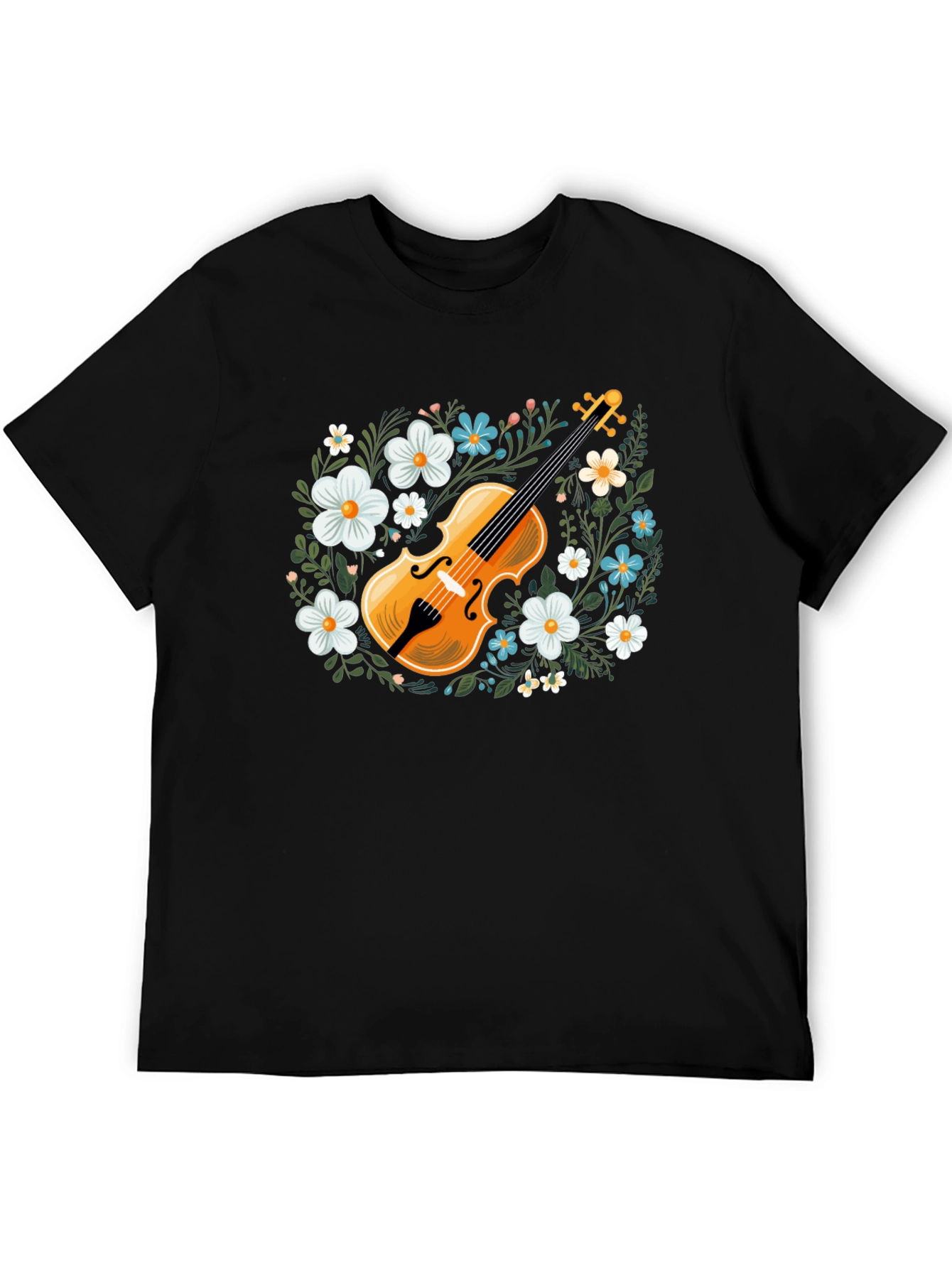 Black Floral Violin Graphic T-Shirt - Musical Style view 5