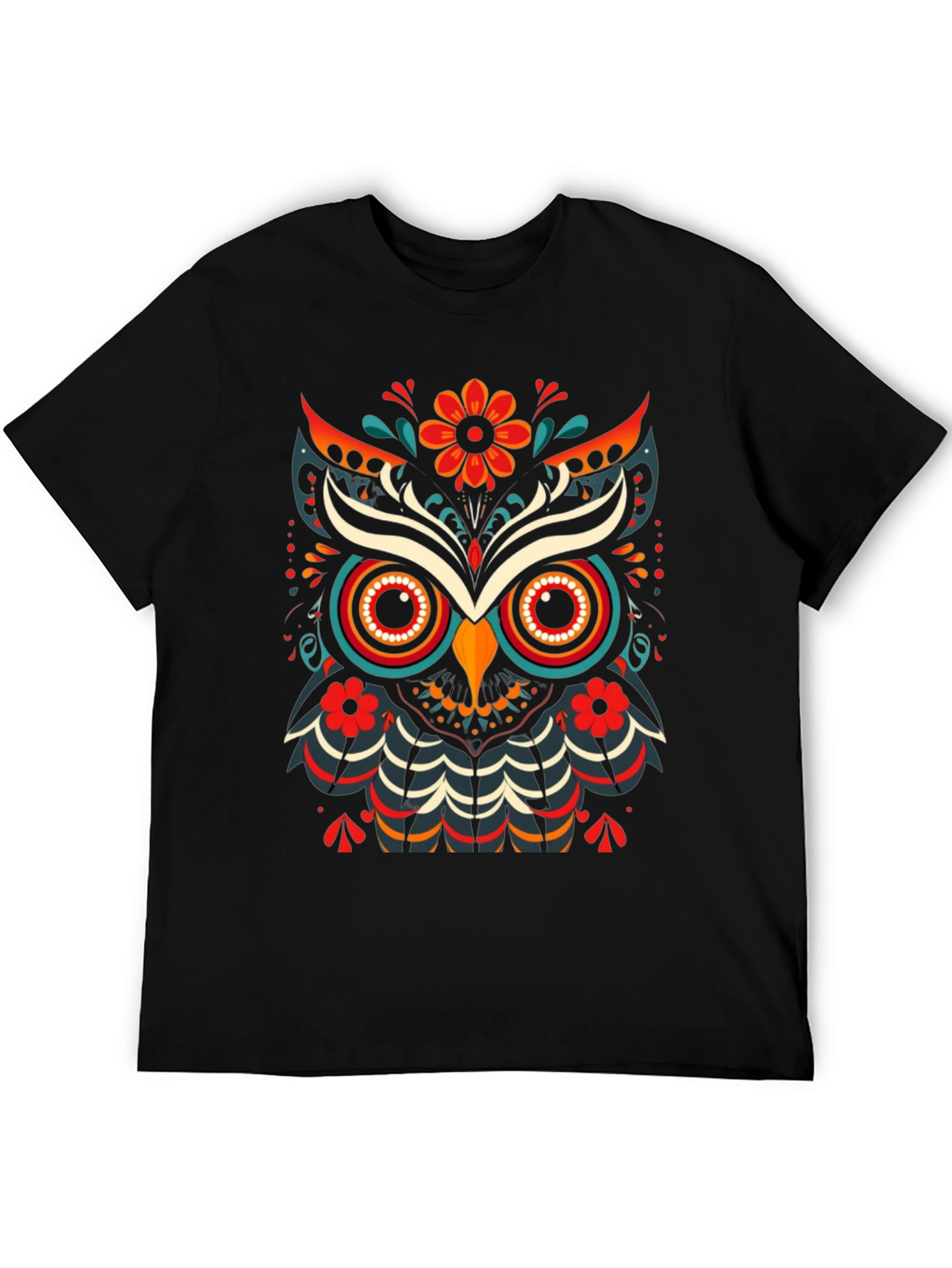 Black Colorful Owl Graphic Print Men's Black T-Shirt view 5