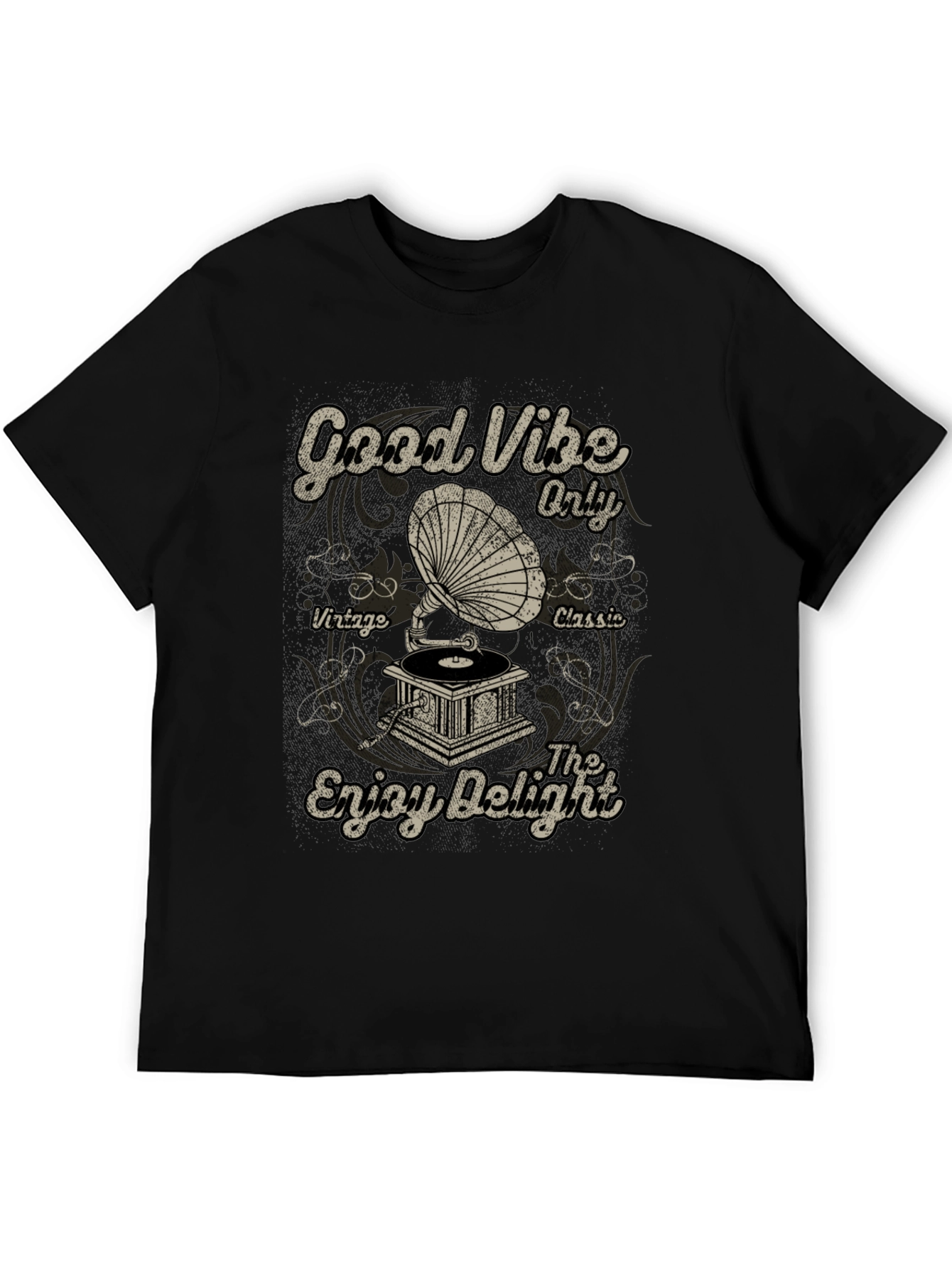 Black Good Vibes Vintage Gramophone Graphic T-Shirt view 5