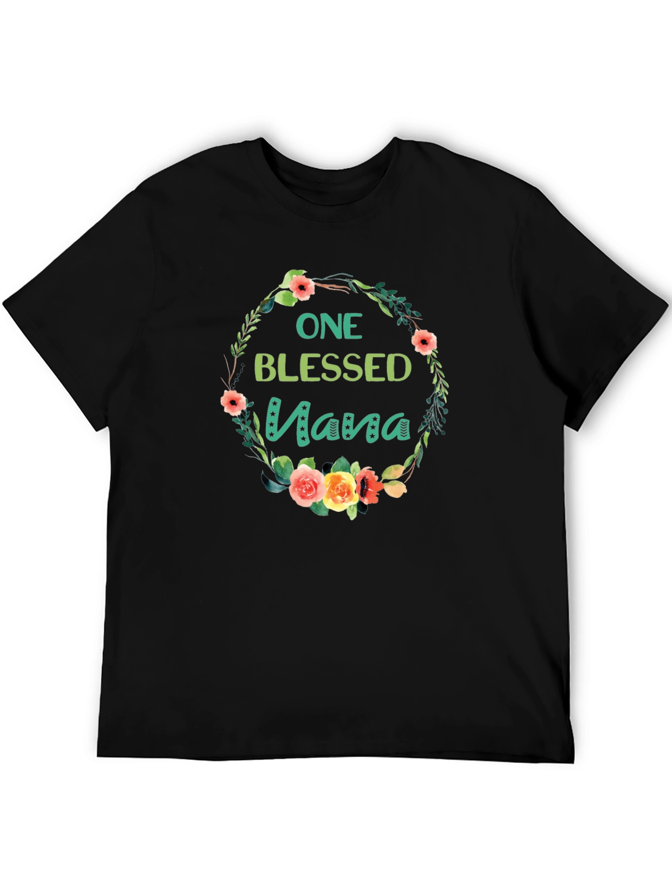 Black One Blessed Nana Floral Wreath Black T-Shirt view 5