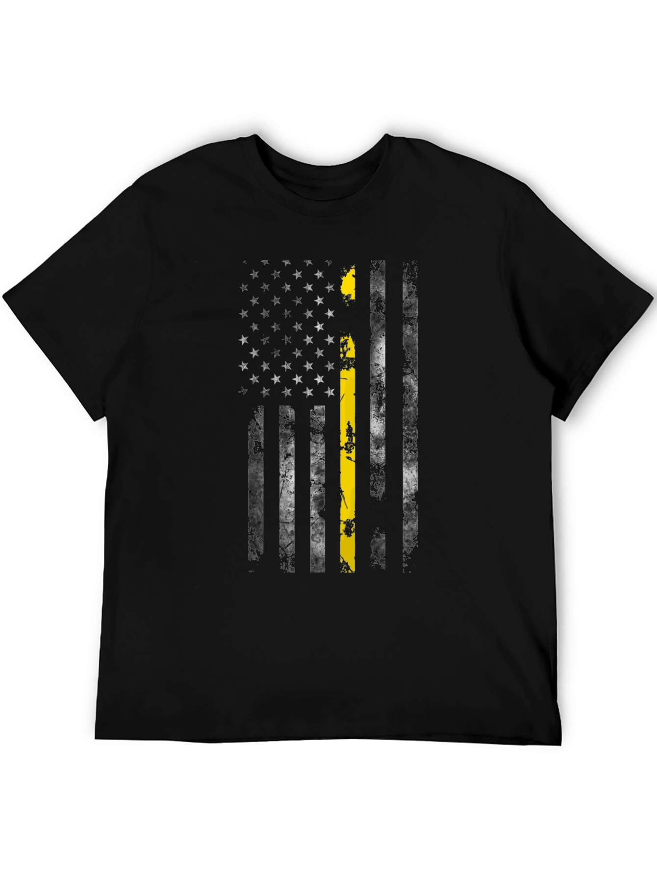 Black Distressed American Flag Thin Yellow Line T-Shirt view 5