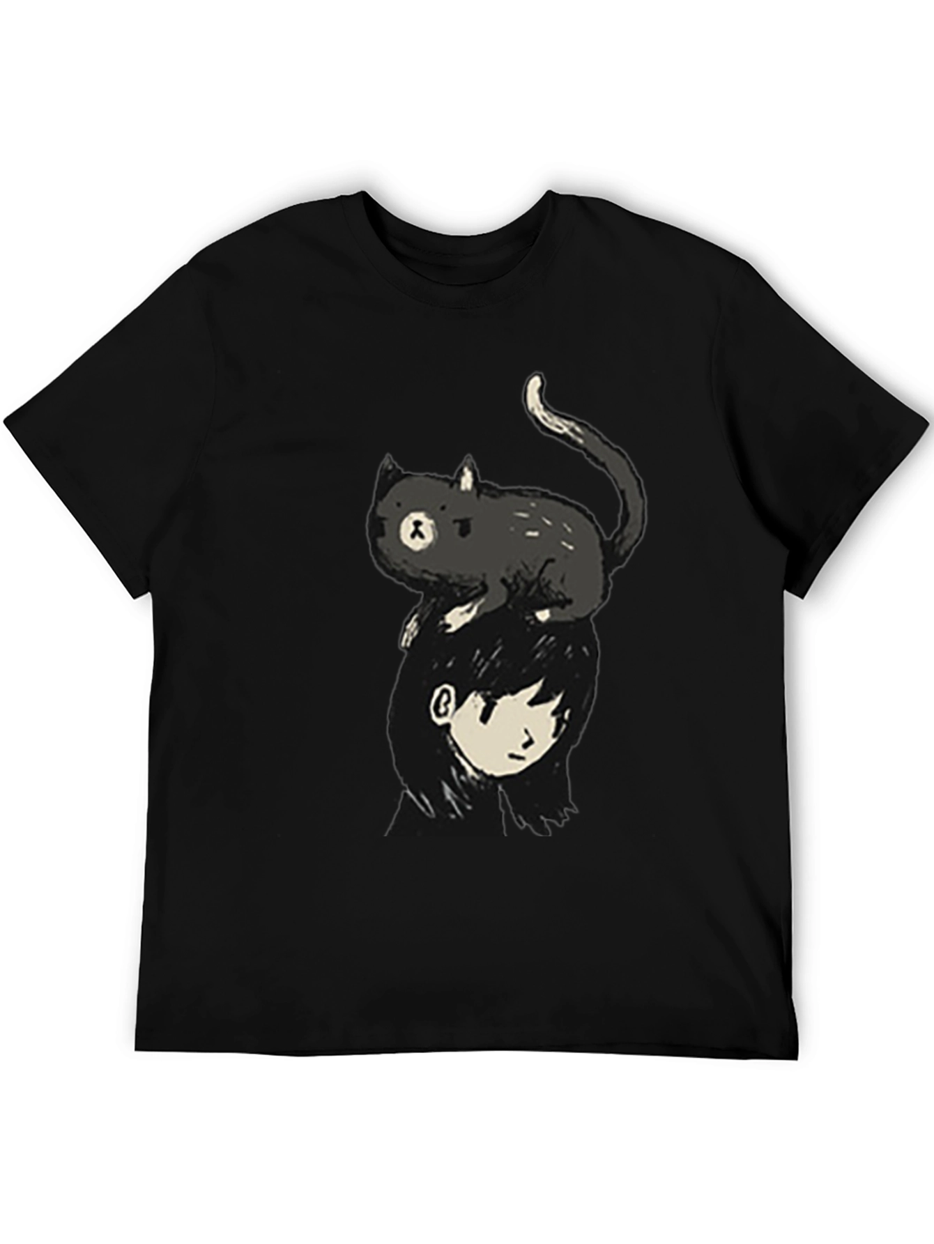 Black Cat on Head Graphic Tee - Black Crew Neck view 5