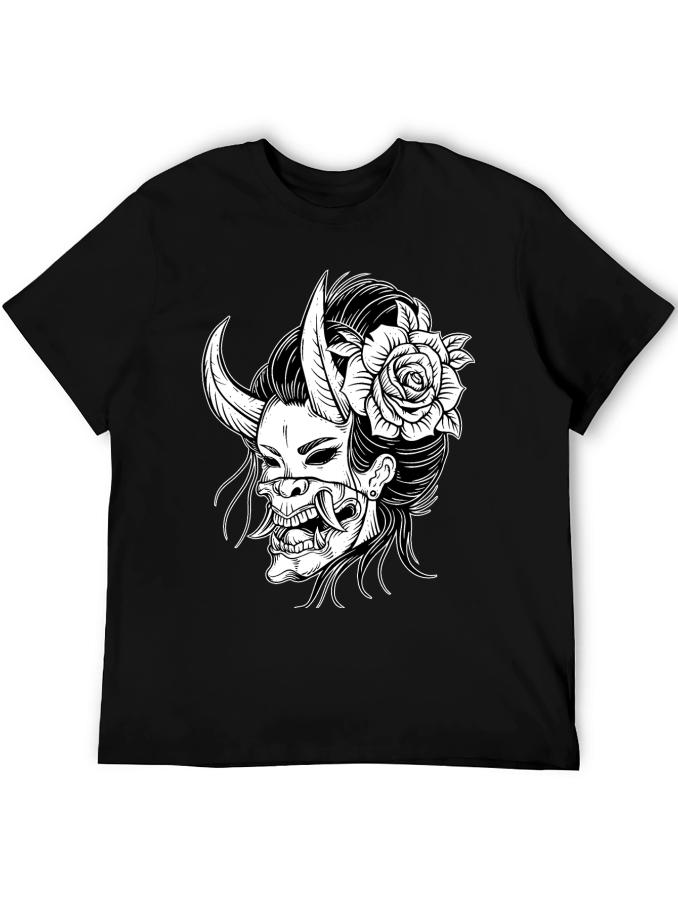 Black Black T-Shirt with Oni Mask & Rose Graphic view 5