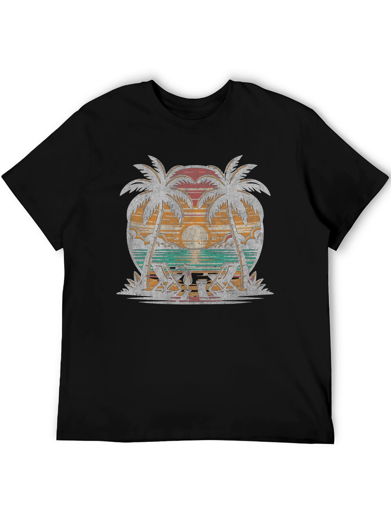 Black Retro Beach Palm Tree Sunset Graphic T-Shirt view 5