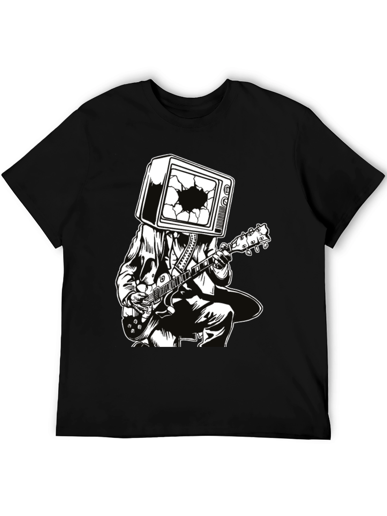 Black Guitar Man with TV Head Graphic T-Shirt view 5