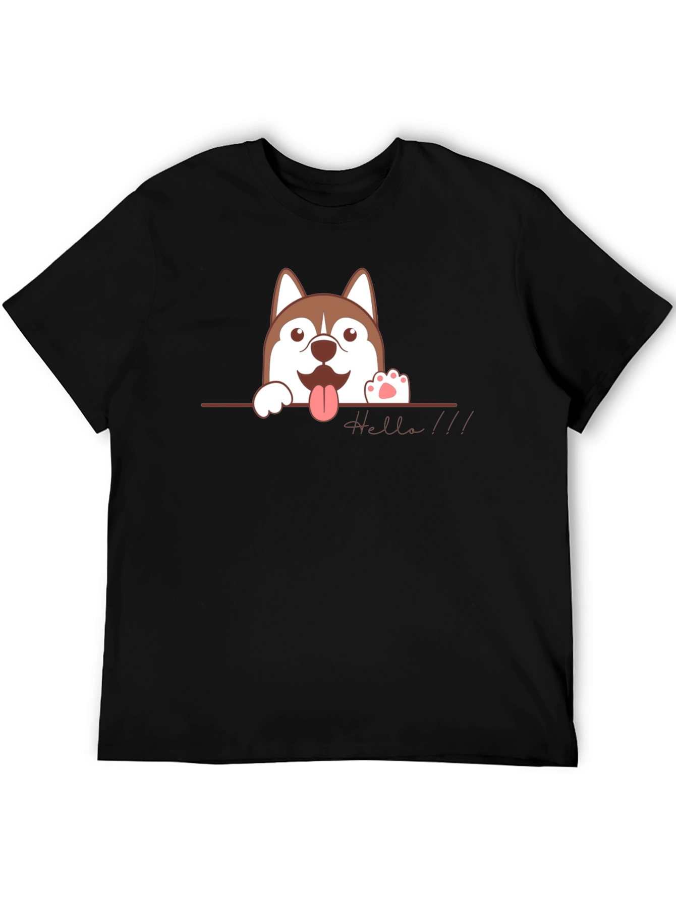 Black Cute Husky "Hello" Black T-Shirt view 5