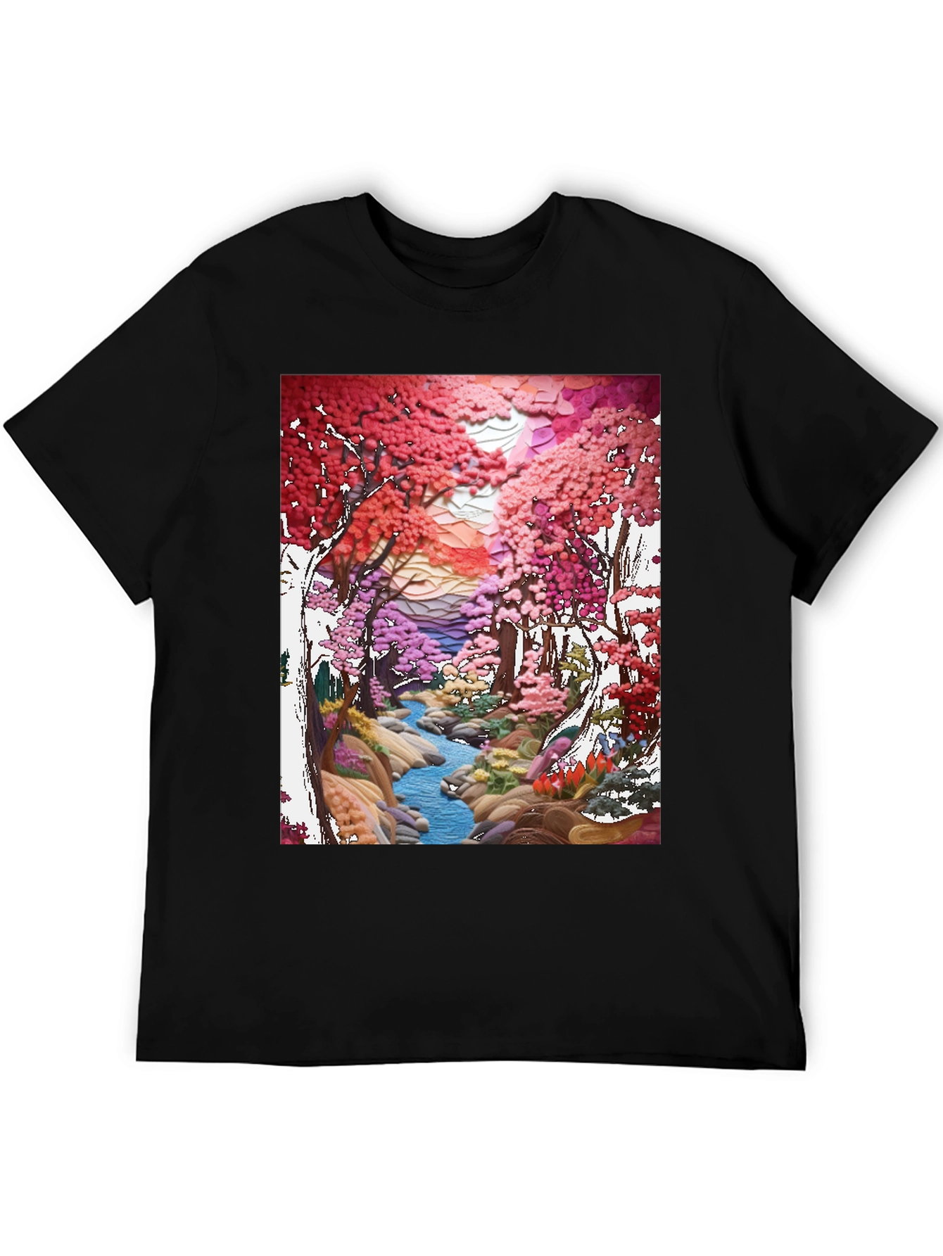 Black Cherry Blossom Stream Art T-Shirt view 5
