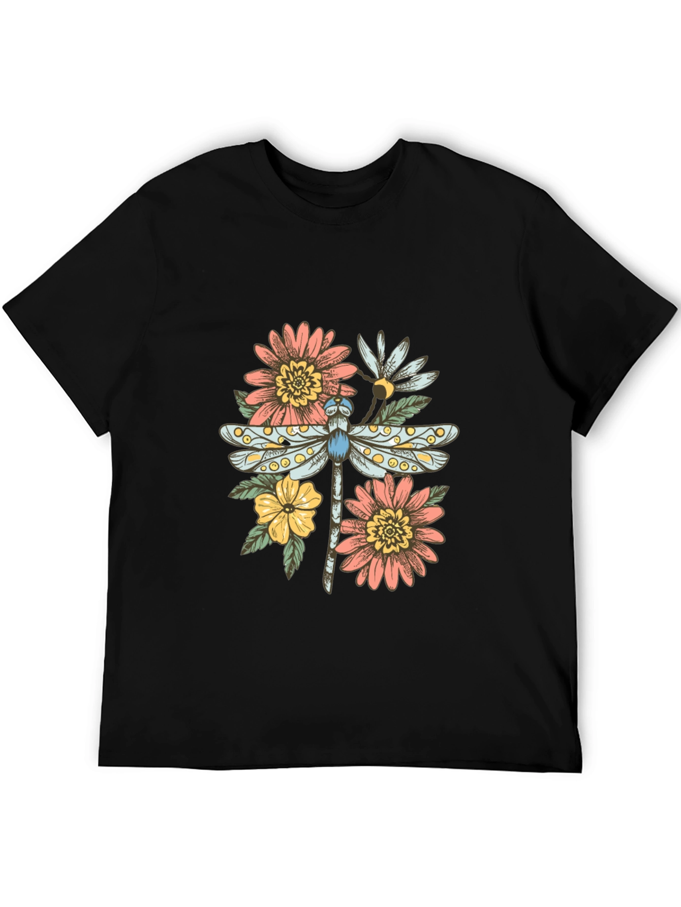 Black Dragonfly Floral Graphic Tee - Trendy Casual Top view 5