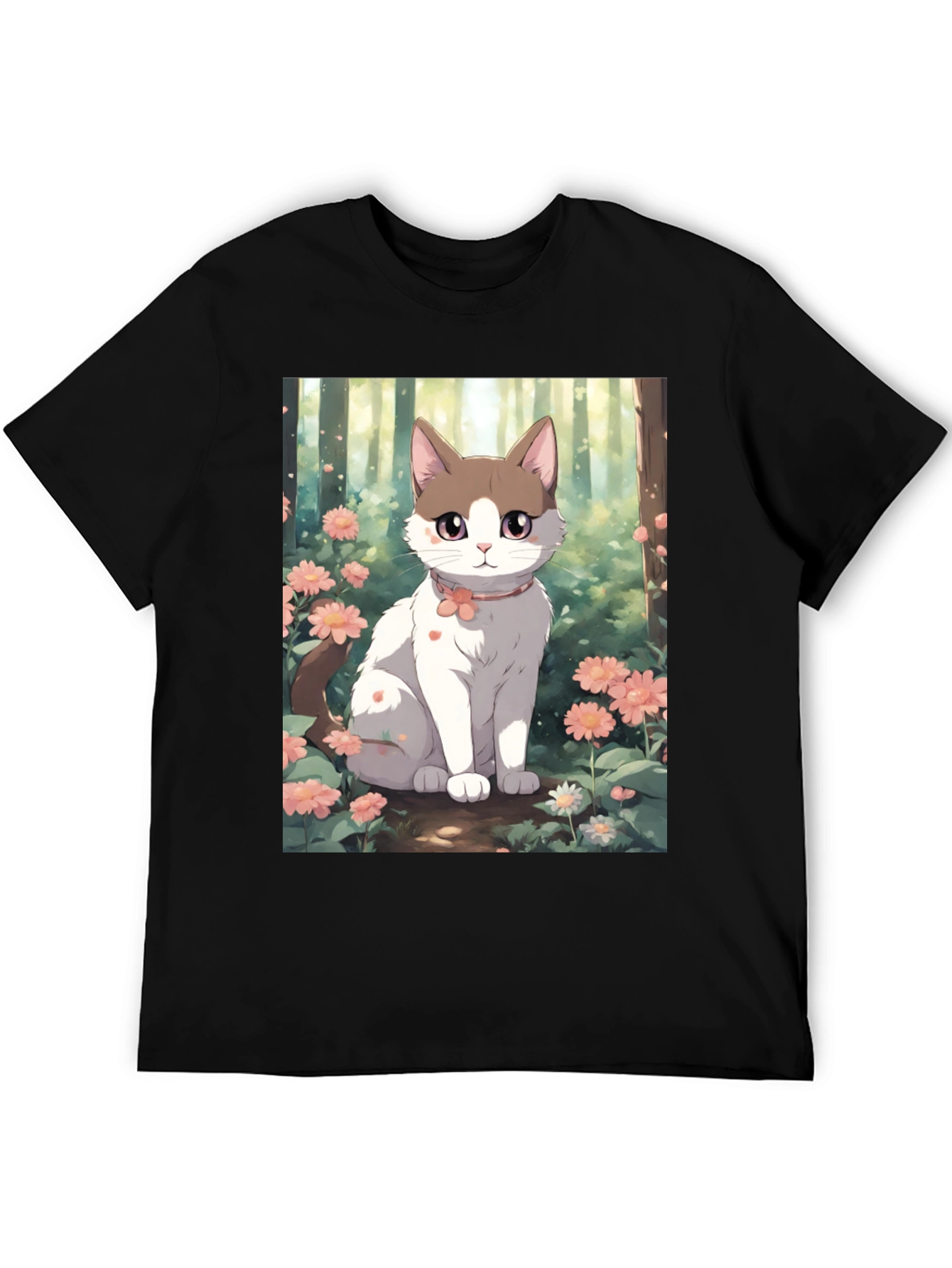 Black Anime Cat Floral T-Shirt view 5
