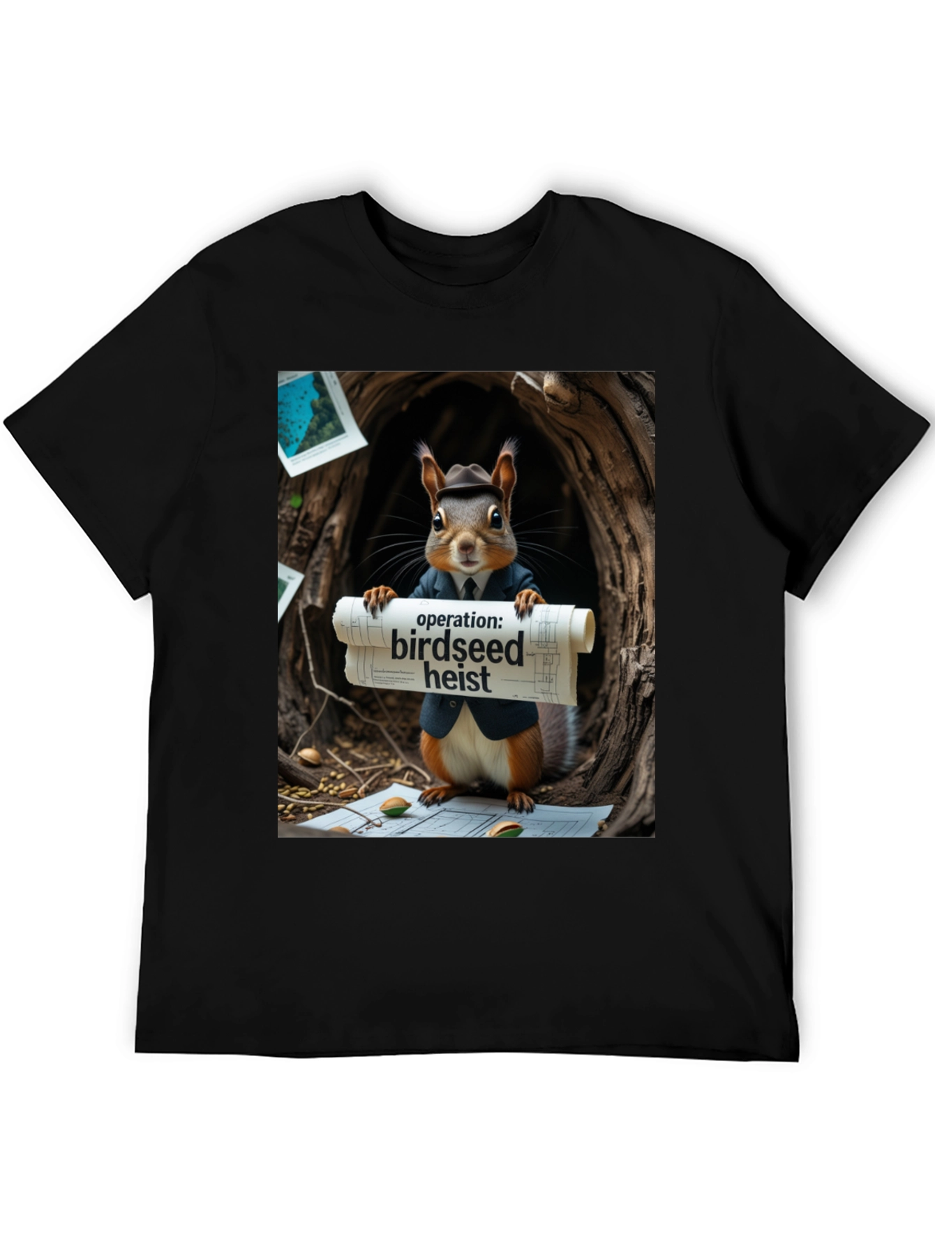 Black Birdseed Heist Squirrel T-Shirt view 5