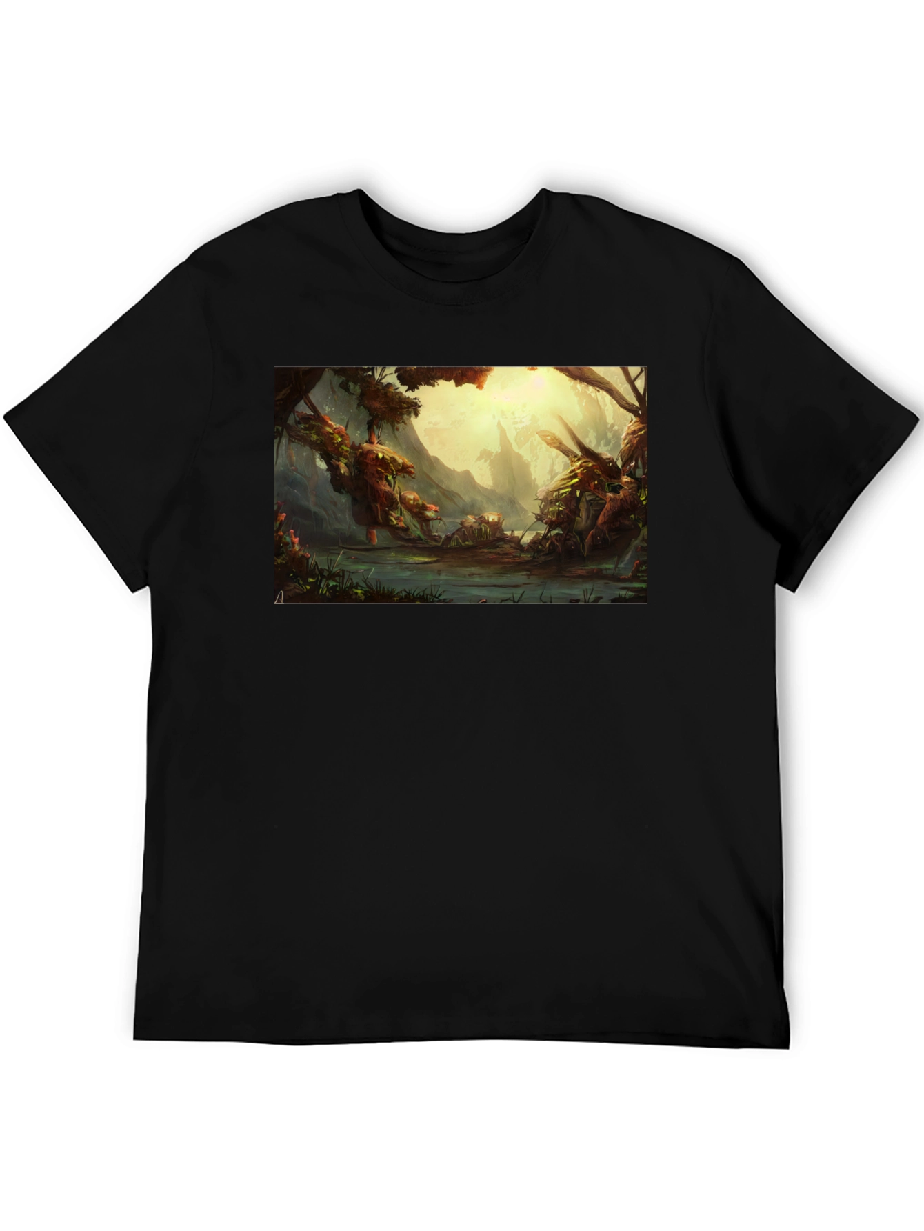 Black Fantasy Landscape Graphic Tee - Soft Cotton Black T-Shirt view 5