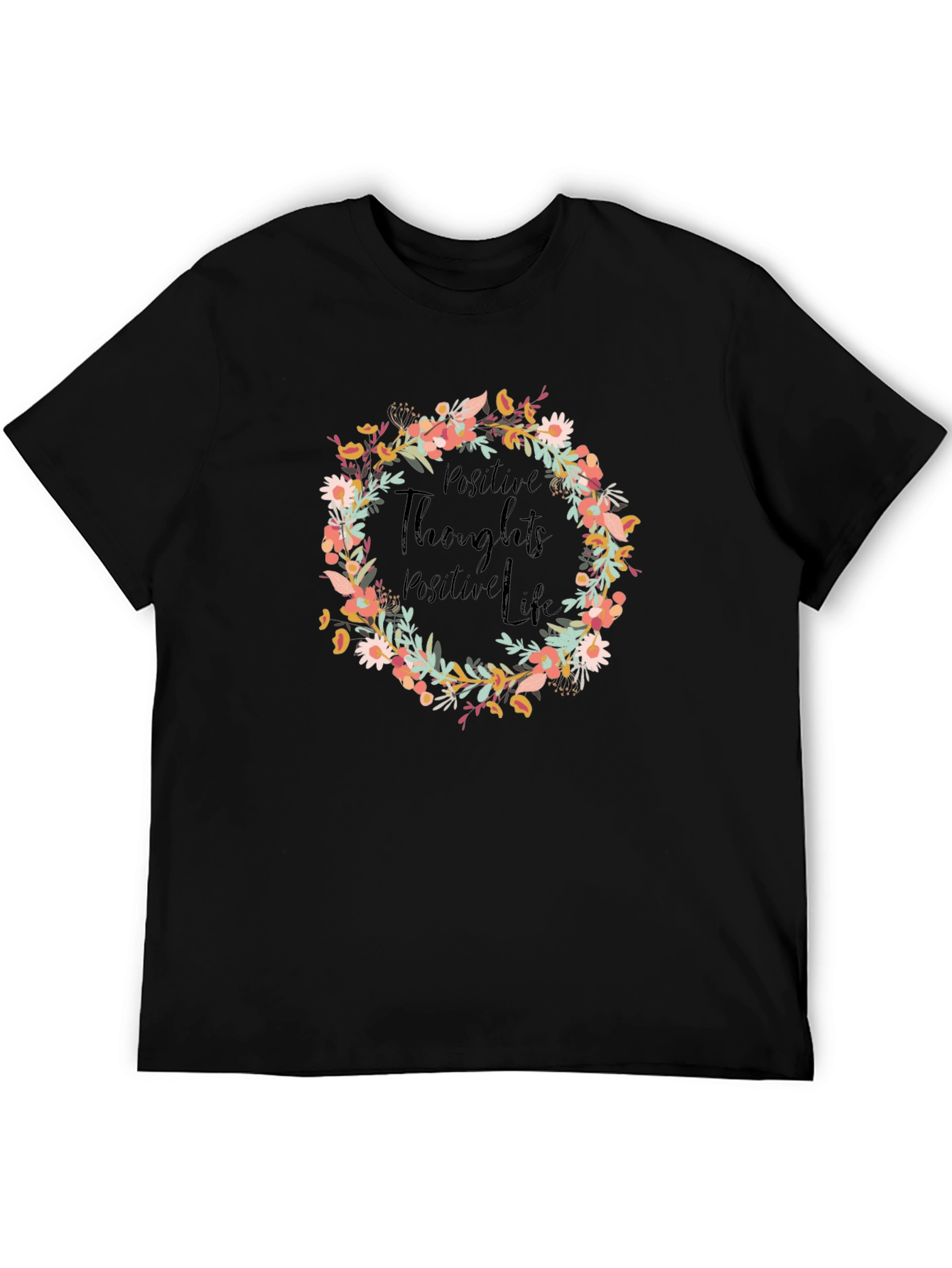 Black Positive Thoughts Floral Wreath Graphic Tee view 5